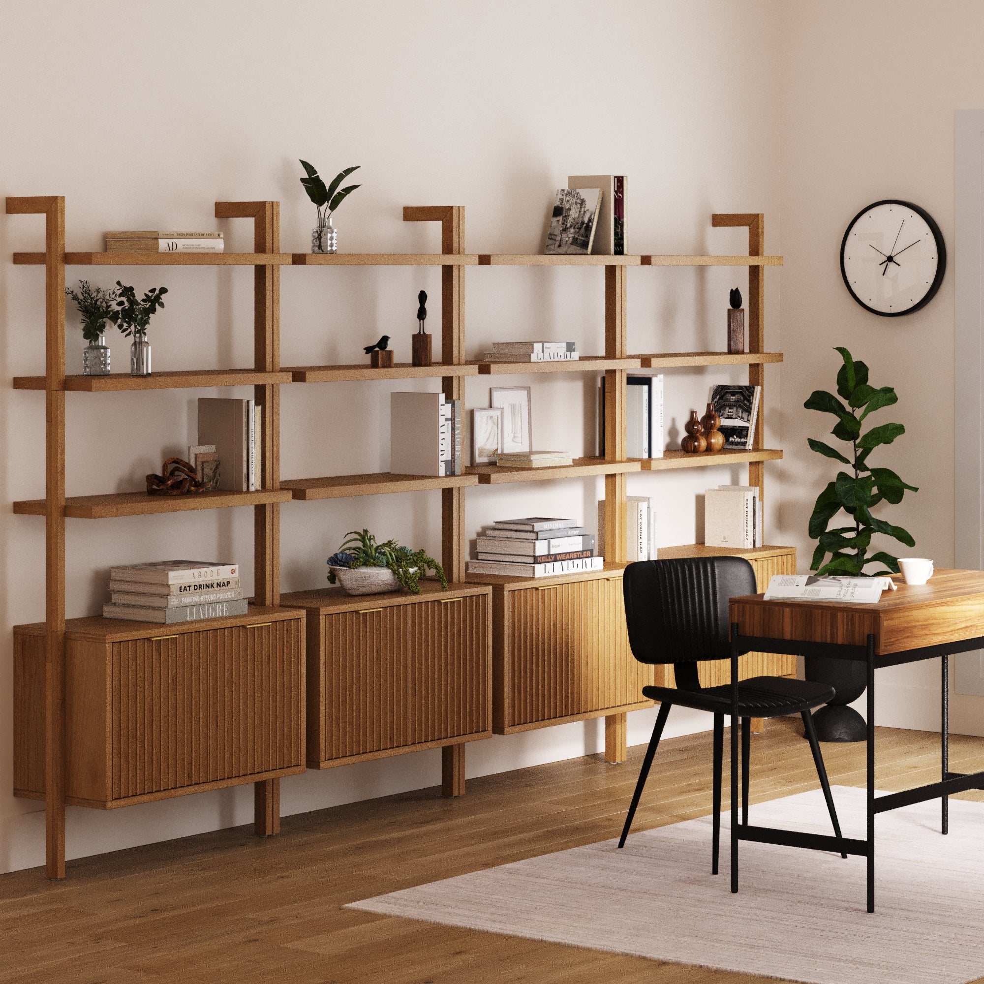 Mid - Century Fluted Wall Bookshelves with Doors Warm Pine (Set of 4) - Nathan James