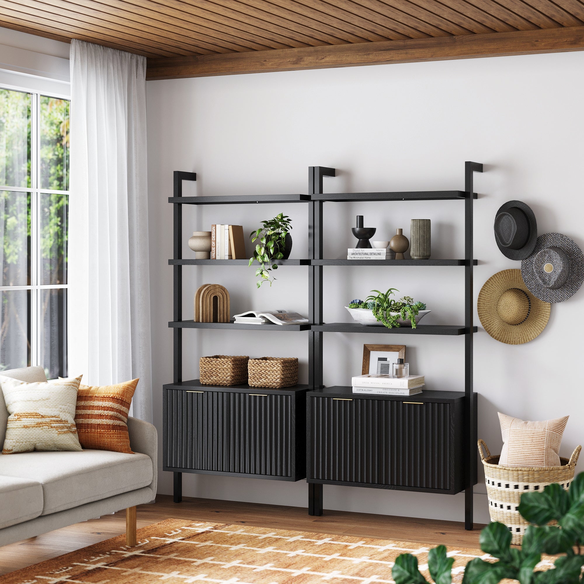 Mid - Century Fluted Wall Bookshelves with Doors Black (Set of 2) - Nathan James