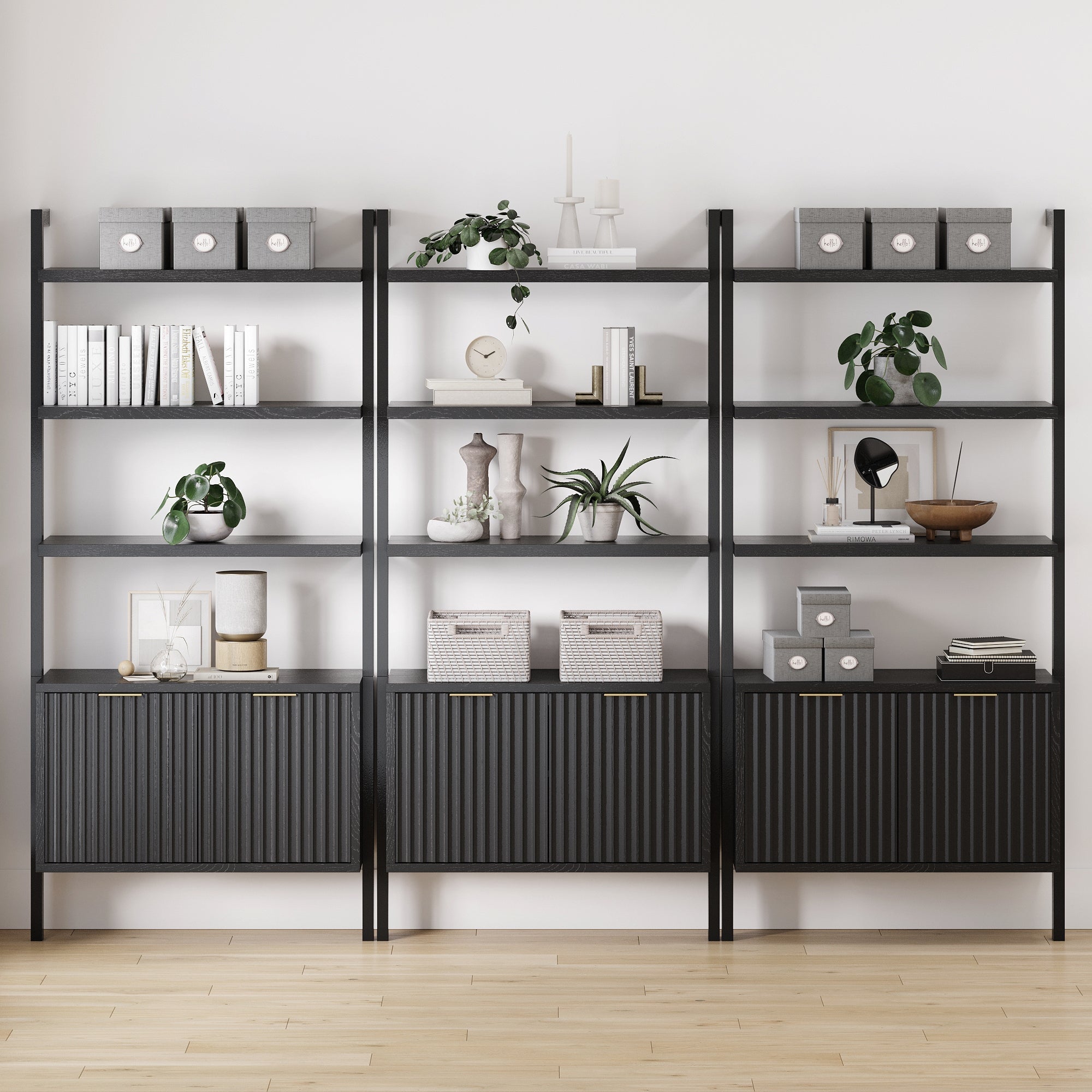 Mid - Century Fluted Wall Bookshelves with Doors Black (Set of 3) - Nathan James