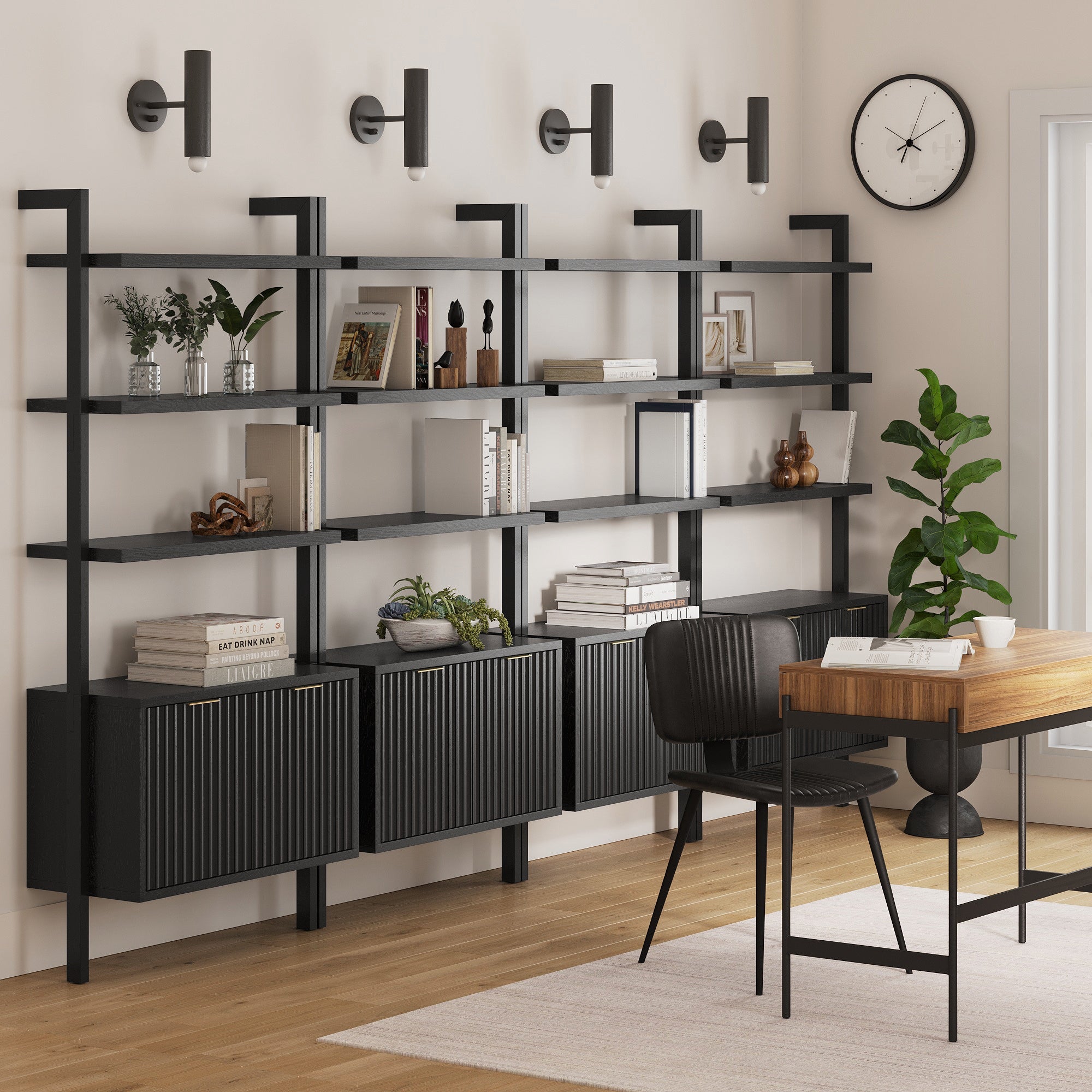 Mid - Century Fluted Wall Bookshelves with Doors Black (Set of 4) - Nathan James