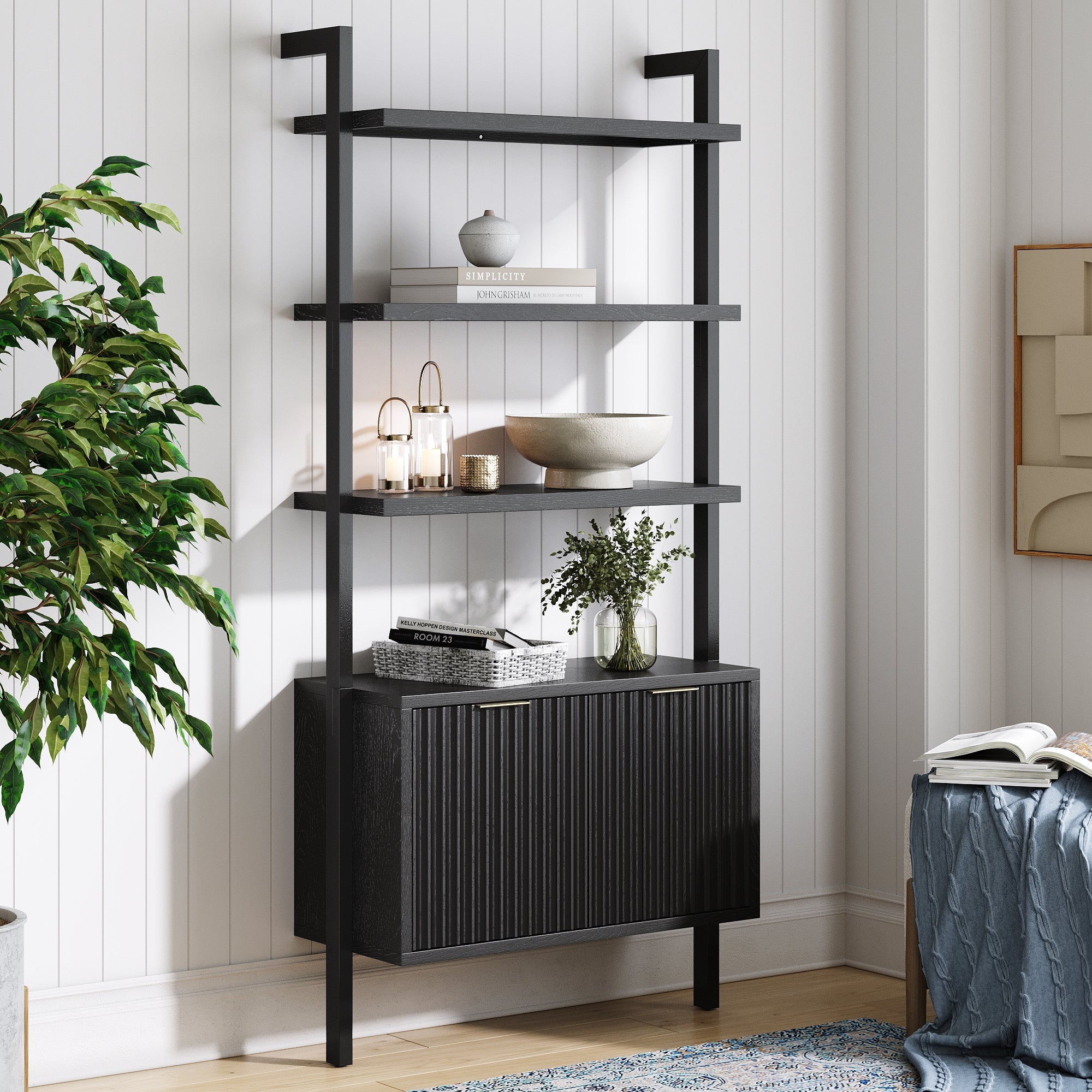 Mid - Century Fluted Wall Bookshelf with Doors Black - Nathan James