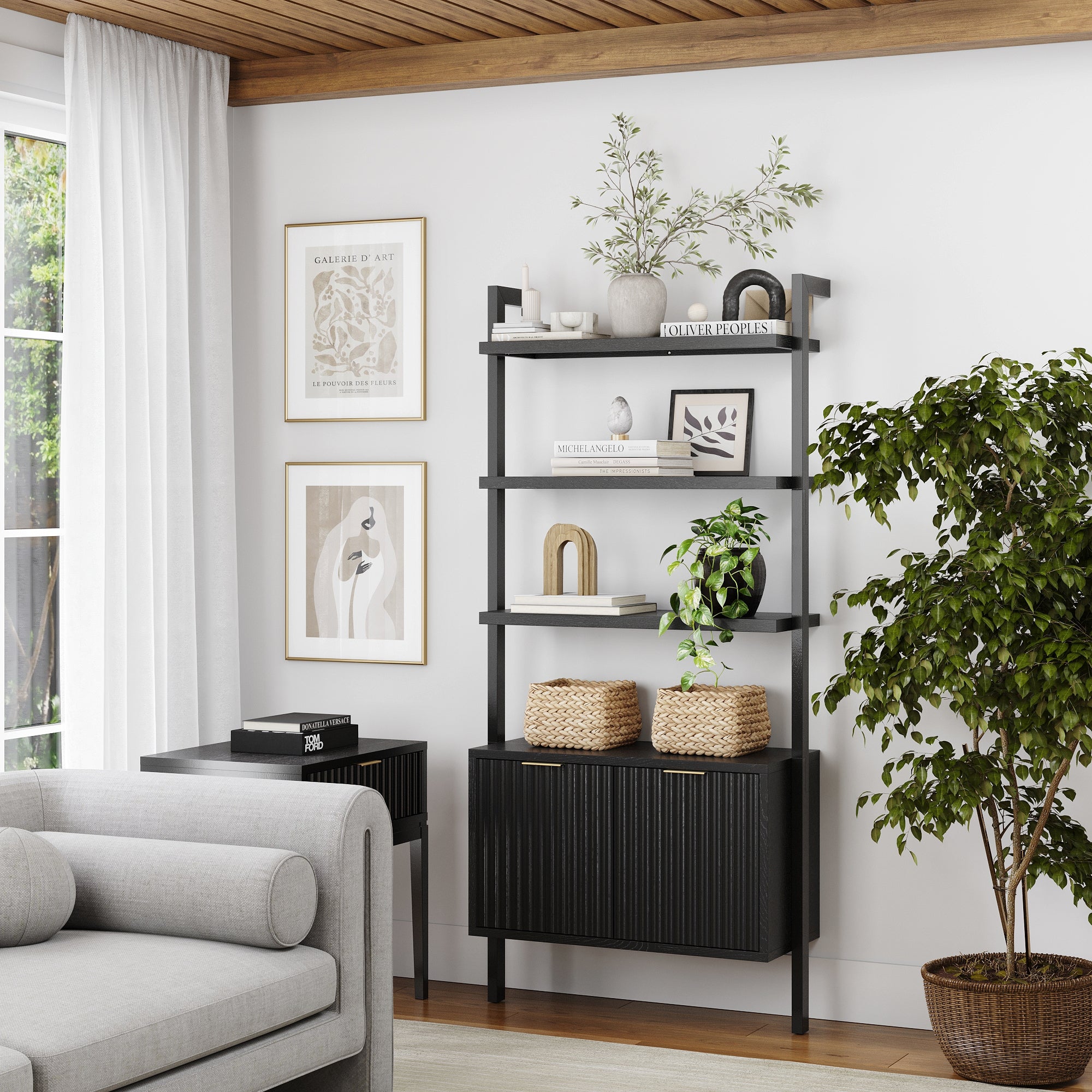 Mid - Century Fluted Wall Bookshelf with Doors Black - Nathan James