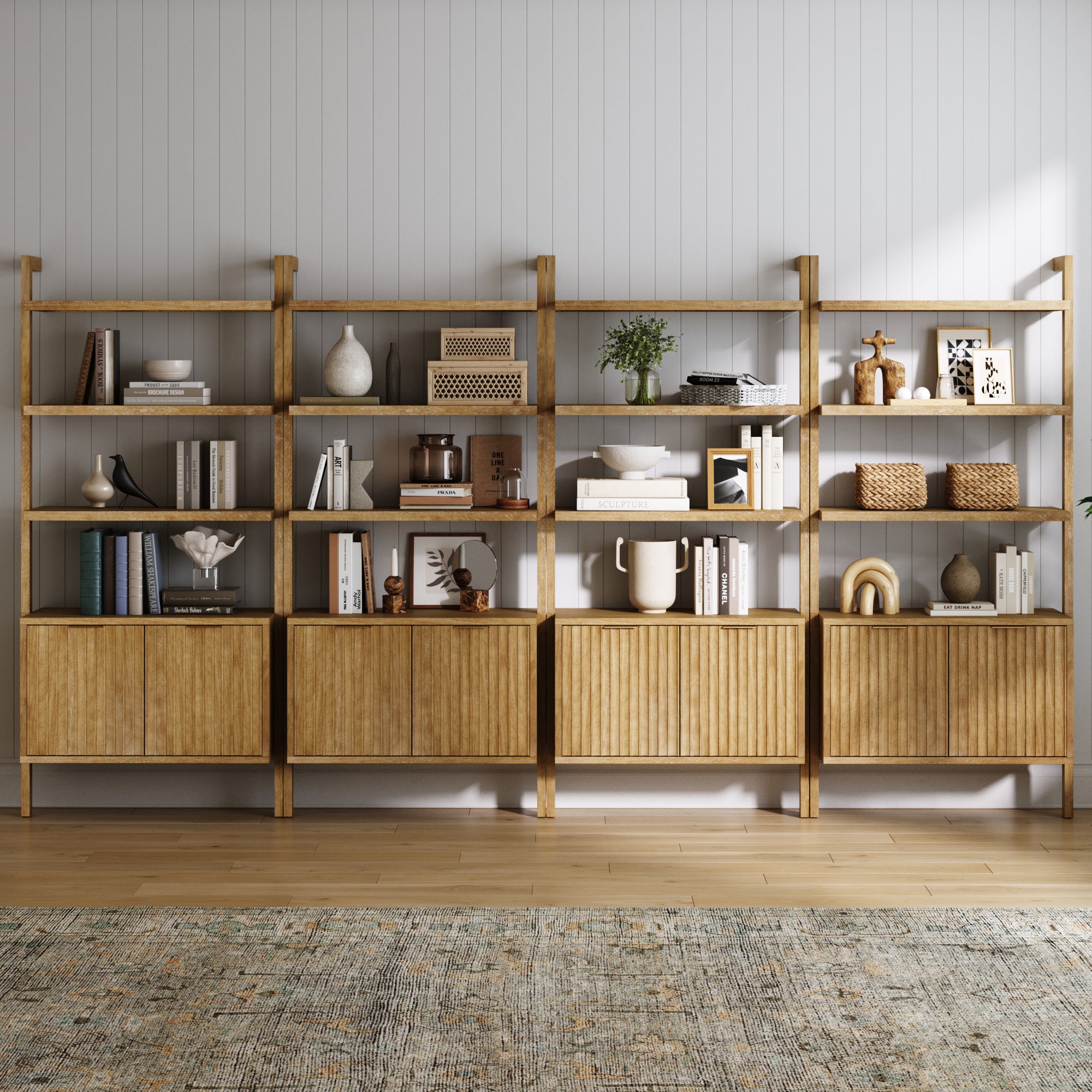 Mid - Century Fluted Wall Bookshelves with Doors Light Brown (Set of 4) - Nathan James