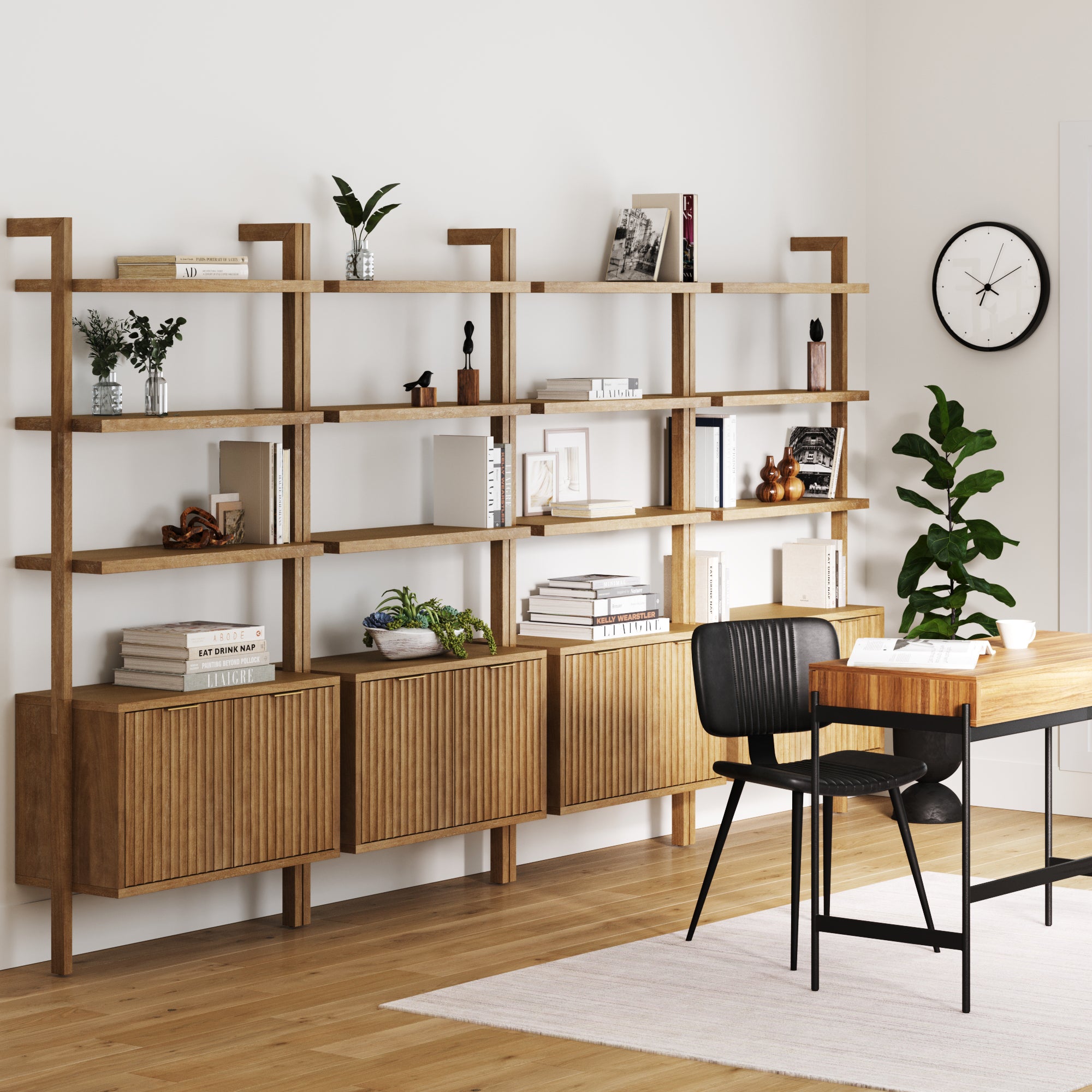 Mid - Century Fluted Wall Bookshelves with Doors Light Brown (Set of 4) - Nathan James