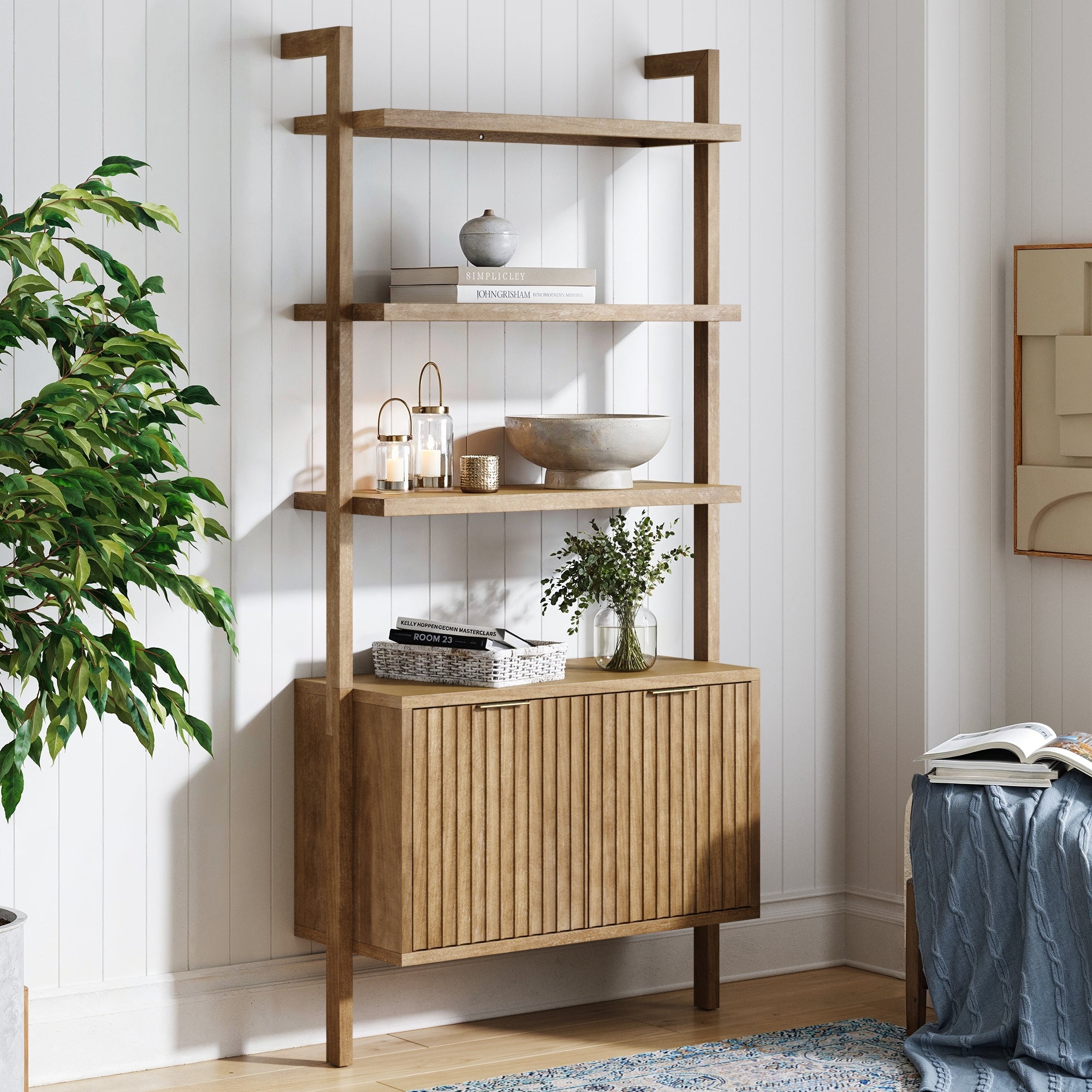 Mid - Century Fluted Wall Bookshelf with Doors Light Brown - Nathan James
