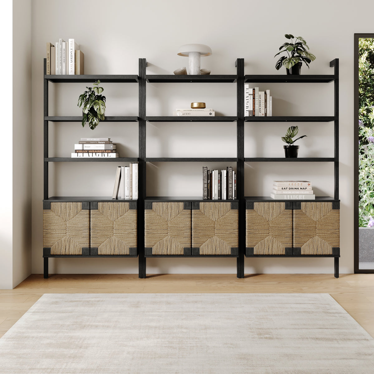 Seagrass Wall Bookshelves with Doors Black (Set of 3) - Nathan James