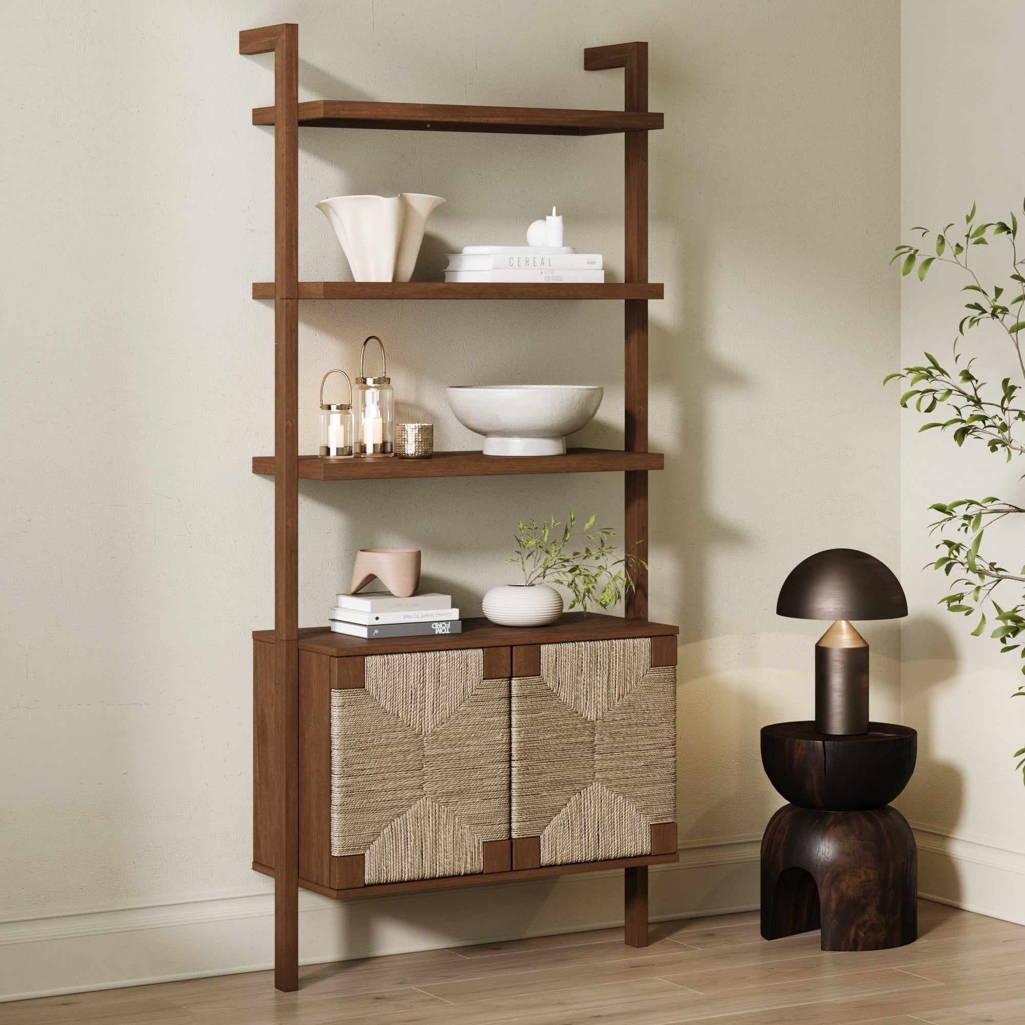 Seagrass Wall Bookshelf with Doors Dark Brown - Nathan James