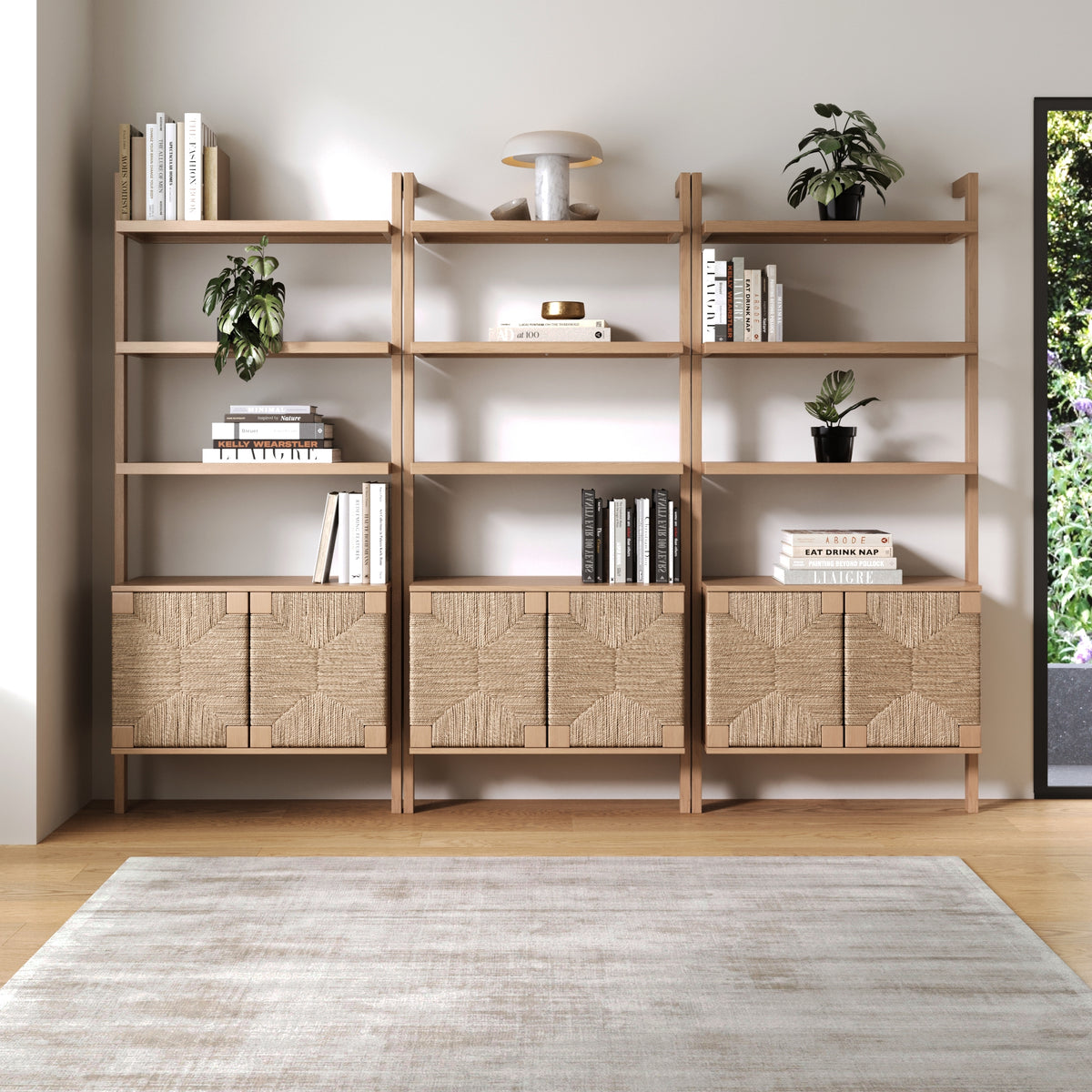 Seagrass Wall Bookshelf with Doors Raw Oak (Set of 3) - Nathan James
