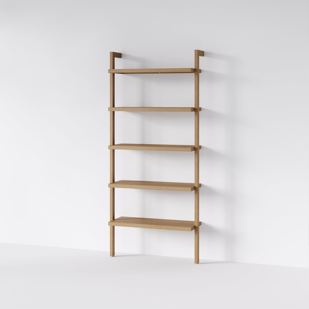 A five-tier wooden ladder shelf leaning against a plain white wall.