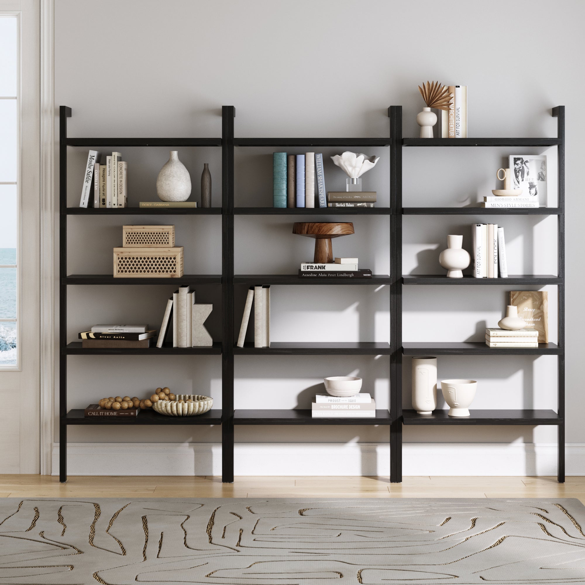 Wood 5 Tier Wall Mounted Bookshelf Black Oak (Set of 3) - Nathan James