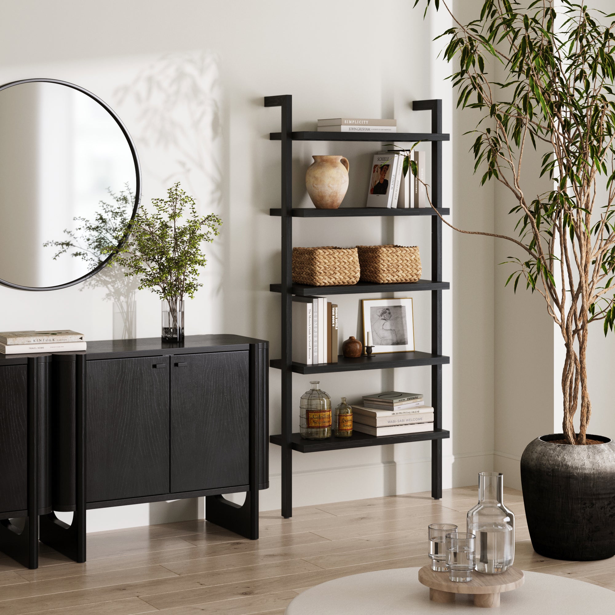 Wood 5 Tier Wall Mounted Bookshelf Black Oak - Nathan James