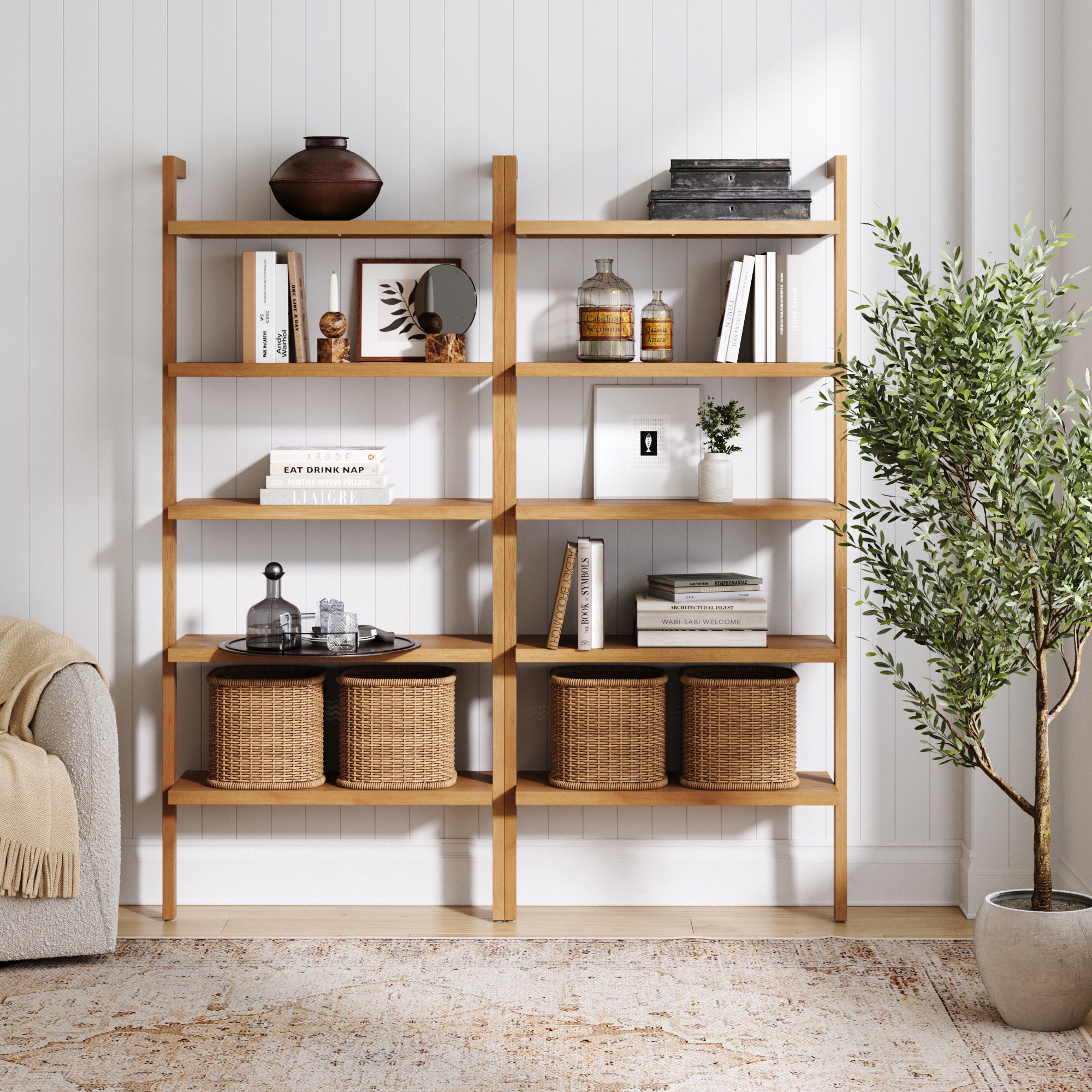 Wood 5 - Shelf Ladder Wall Bookshelf Warm Pine (Set of 2) - Nathan James