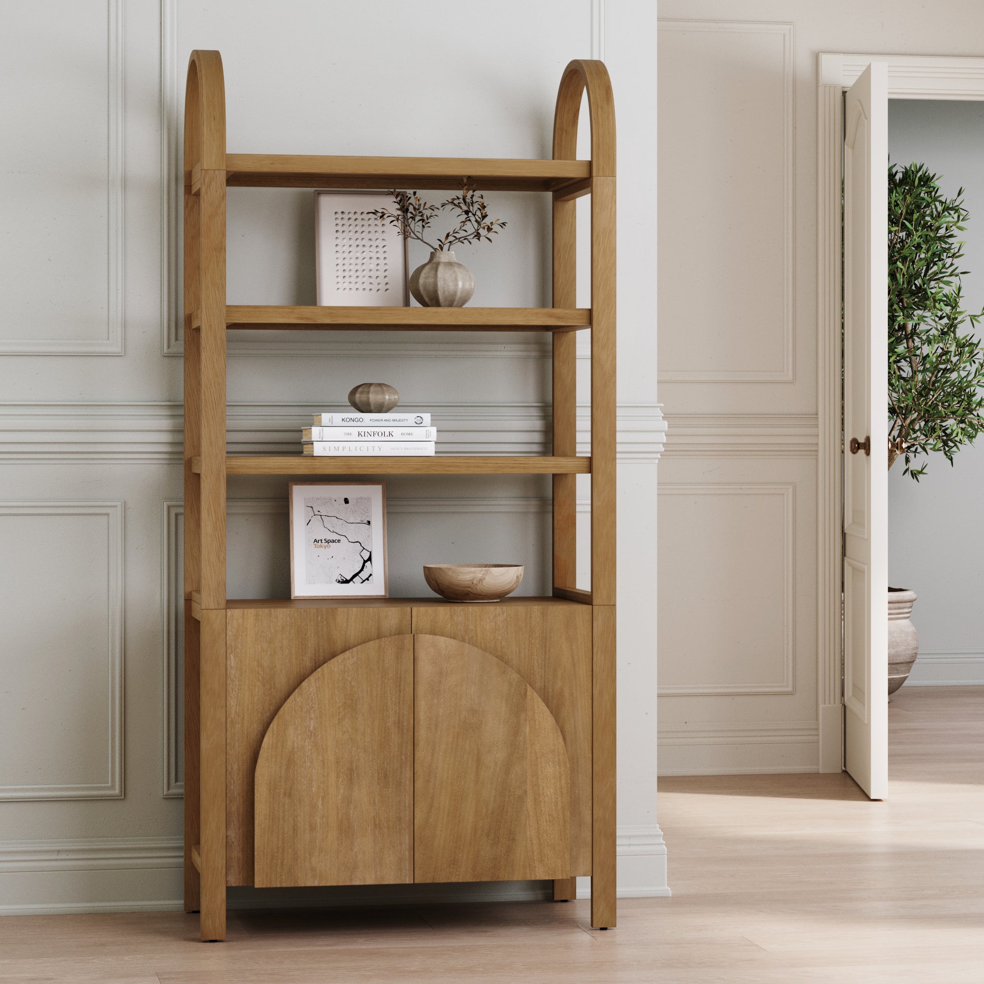Mid-Century Arched Door Bookshelf with Doors Light Brown - Nathan James