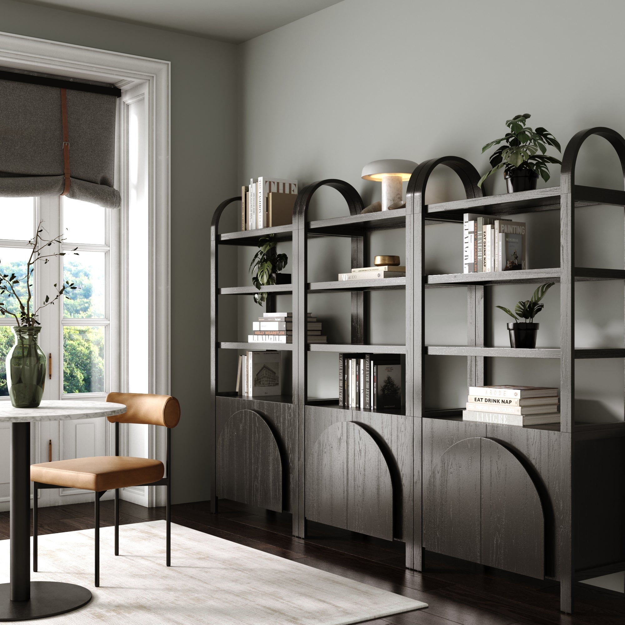 Mid - Century Arched Bookshelves with Doors Black (Set of 3) - Nathan James