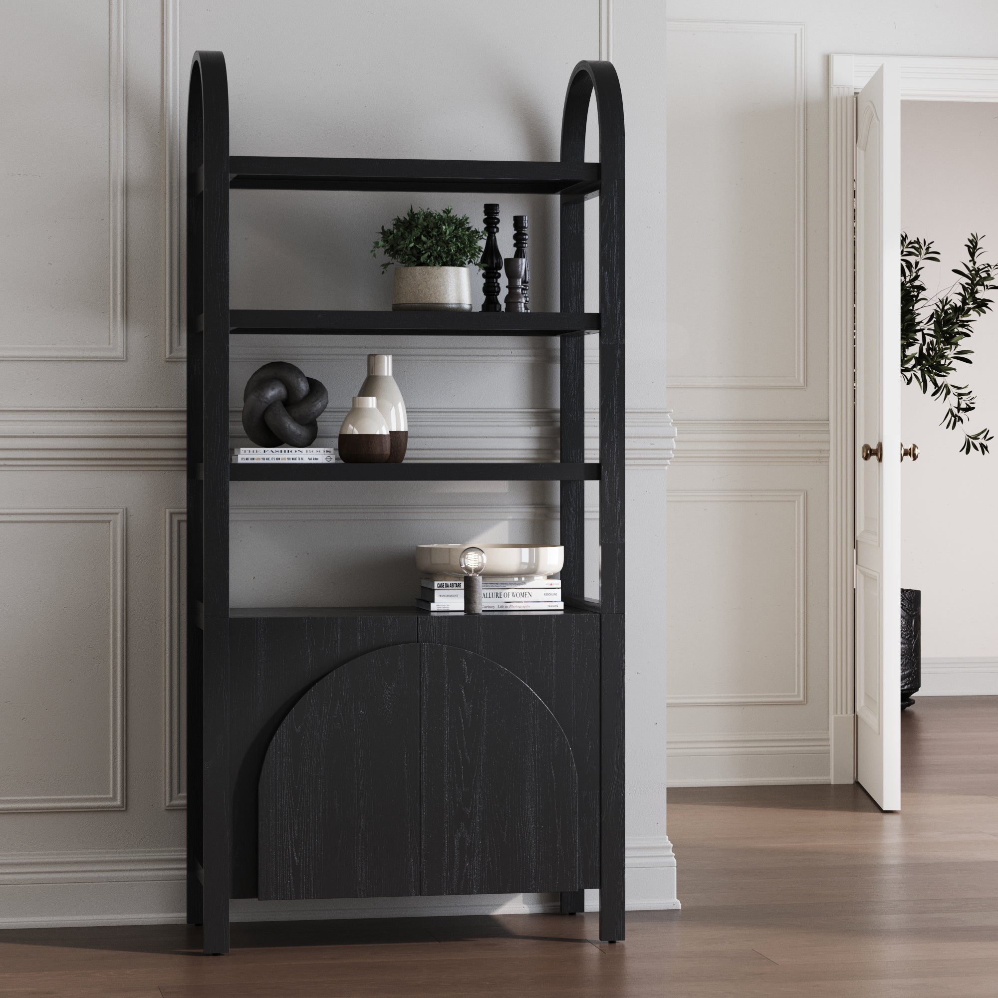 Mid-Century Arched Door Bookshelf with Doors Black - Nathan James