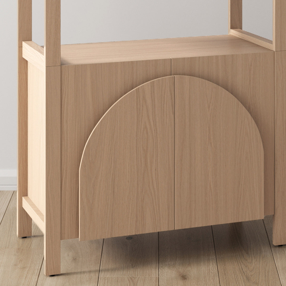 Light wood cabinet base featuring two doors with a decorative arched cutout design.
