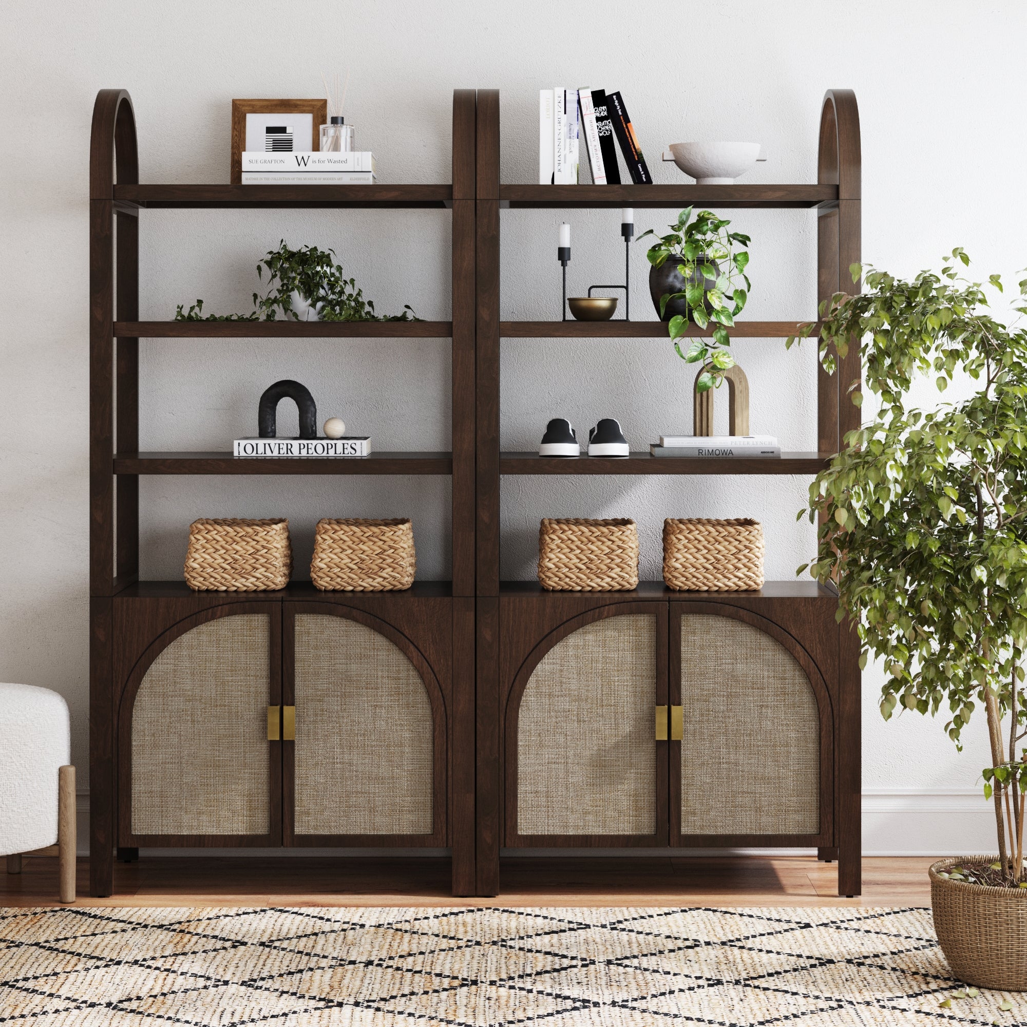 Arched Door Rattan Bookshelf with Doors Dark Acacia (Set of 2) - Nathan James
