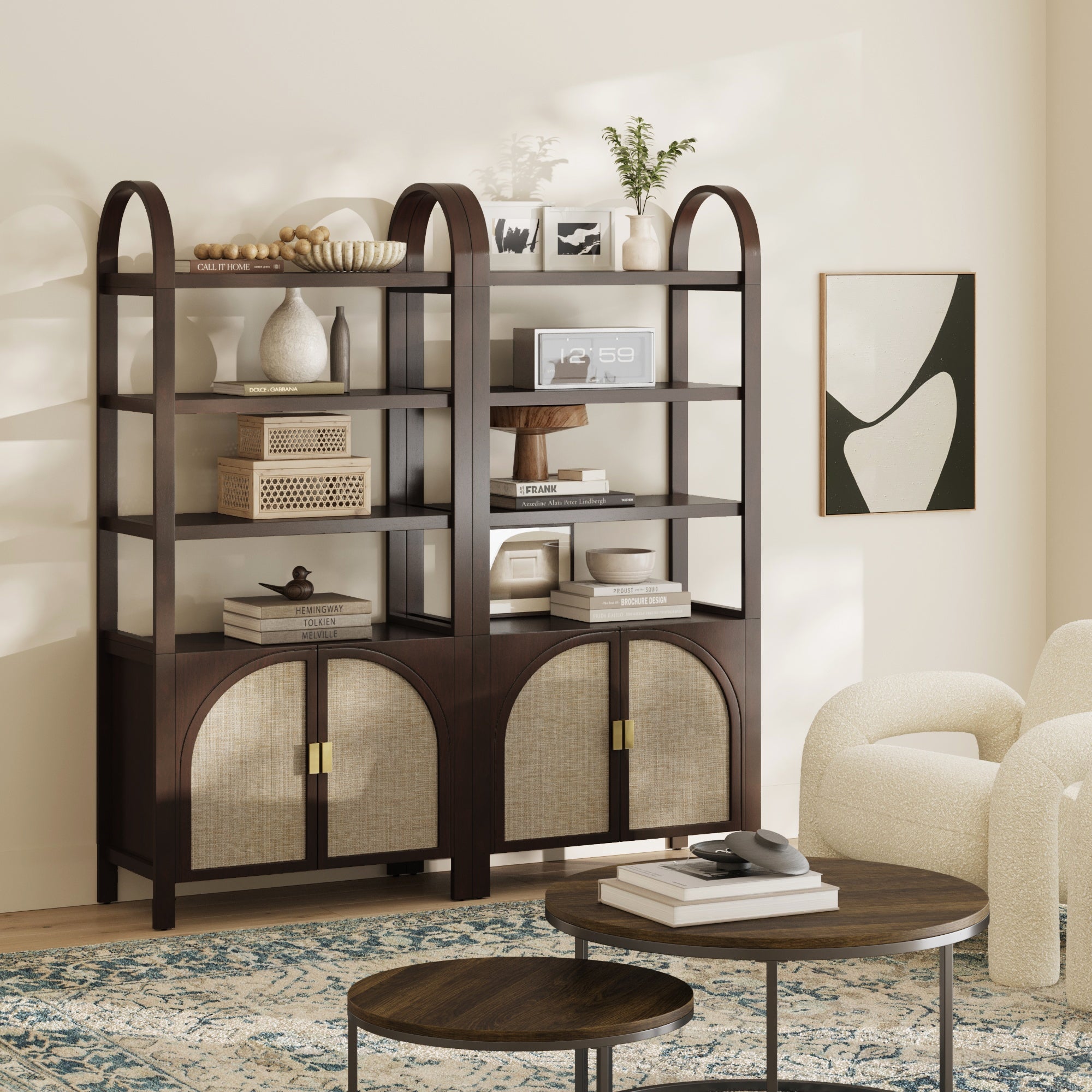 Arched Door Rattan Bookshelf with Doors Dark Acacia (Set of 2) - Nathan James