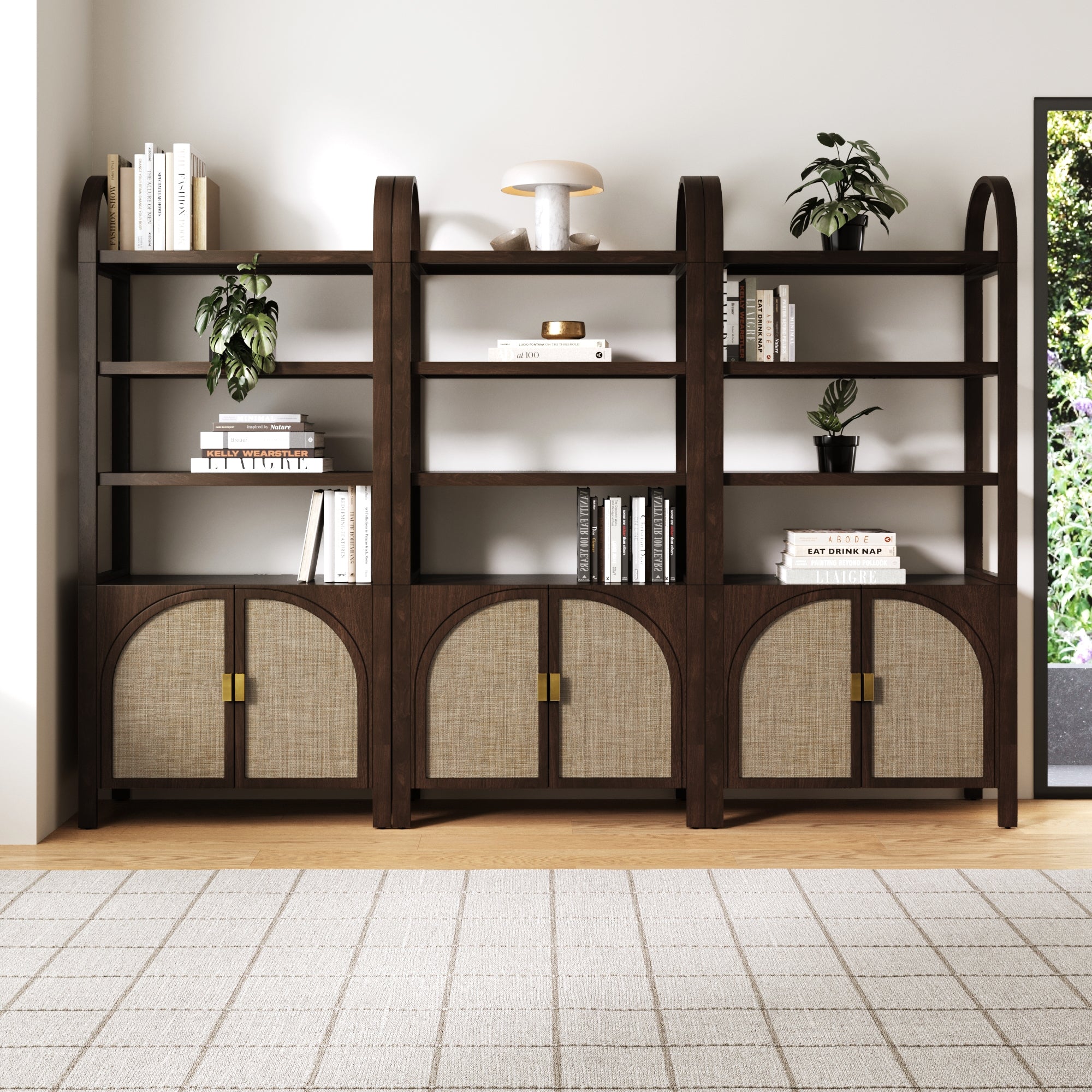 Arched Door Rattan Bookshelf with Doors Dark Acacia (Set of 3) - Nathan James