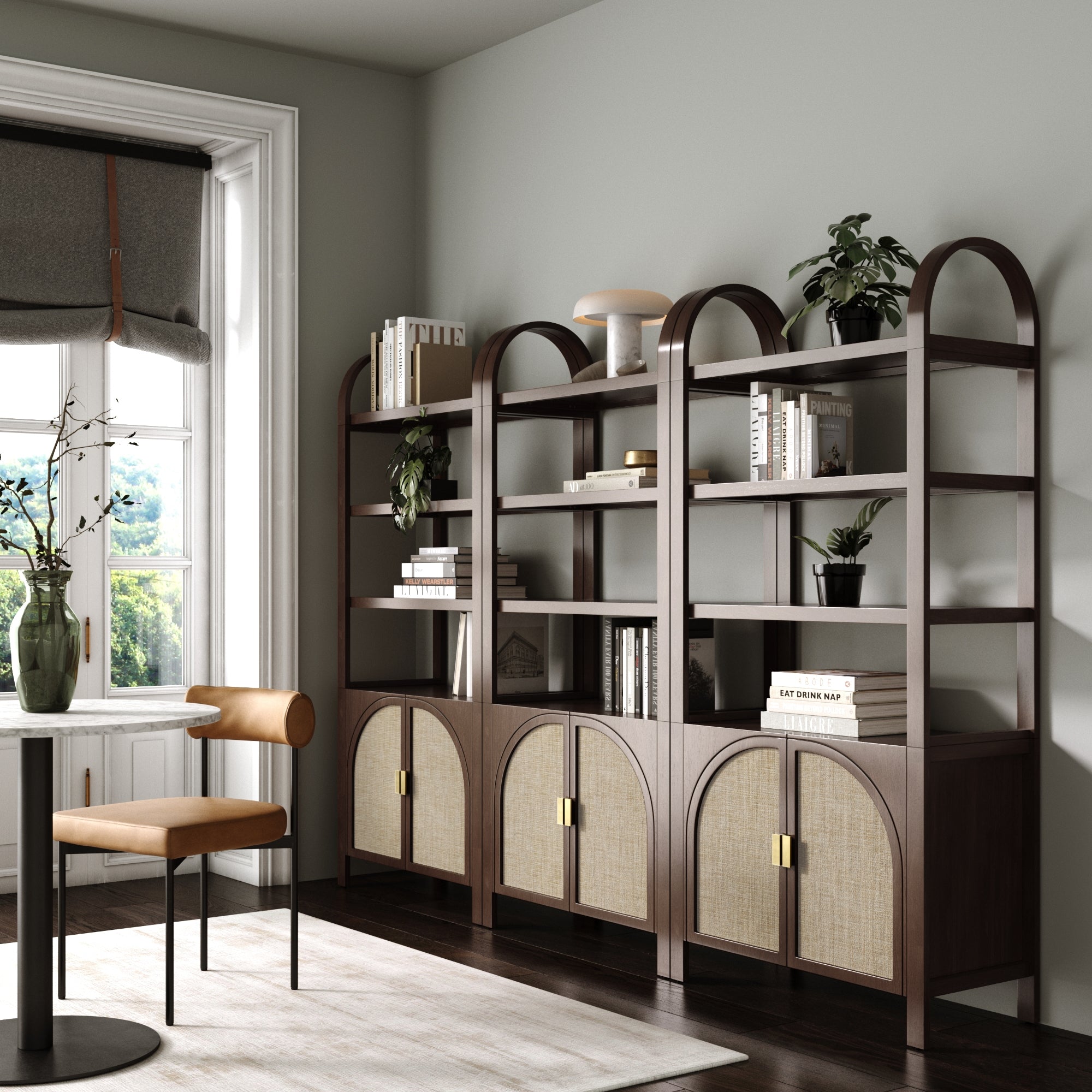Arched Door Rattan Bookshelf with Doors Dark Acacia (Set of 3) - Nathan James