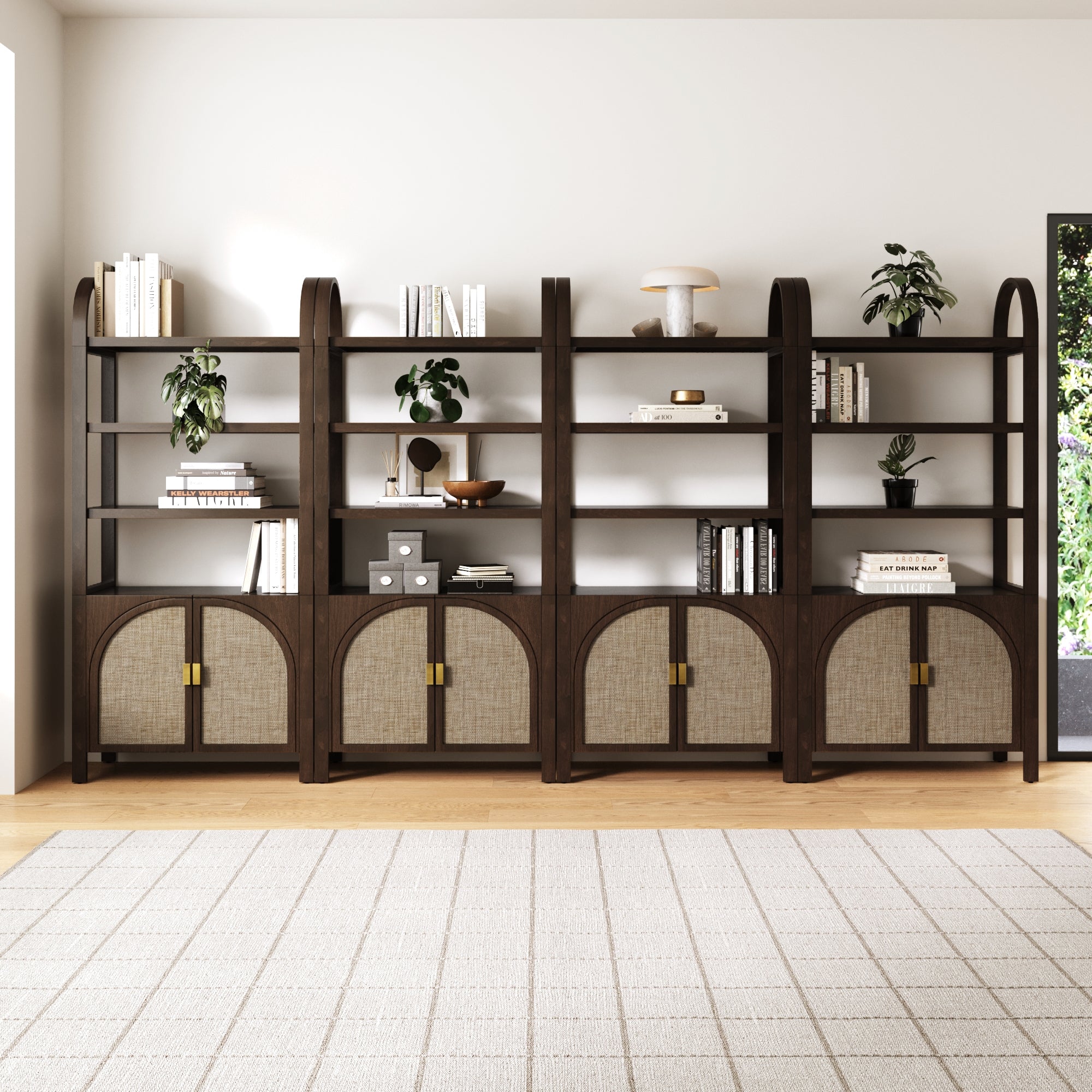 Arched Door Rattan Bookshelf with Doors Dark Acacia (Set of 4) - Nathan James