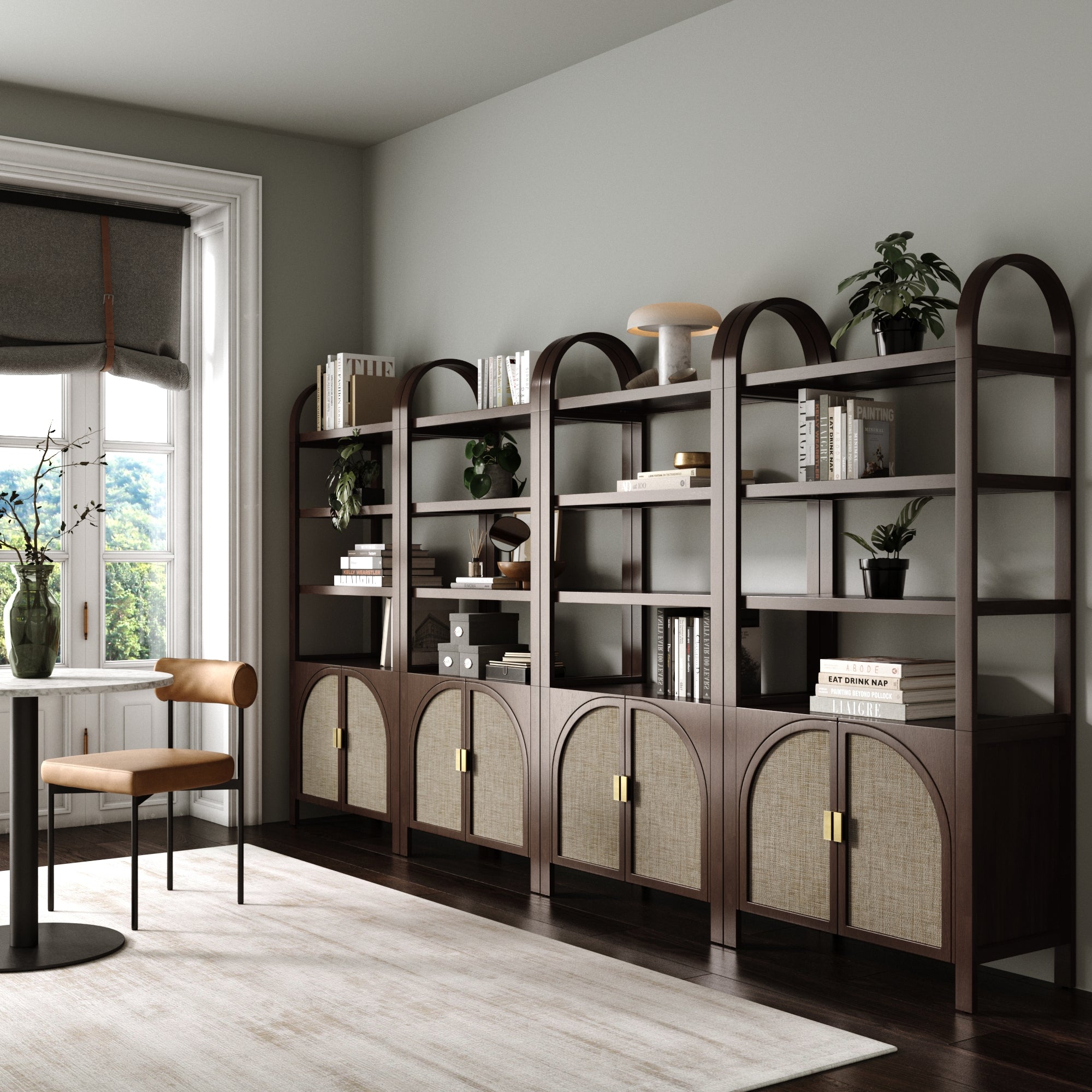 Arched Door Rattan Bookshelf with Doors Dark Acacia (Set of 4) - Nathan James