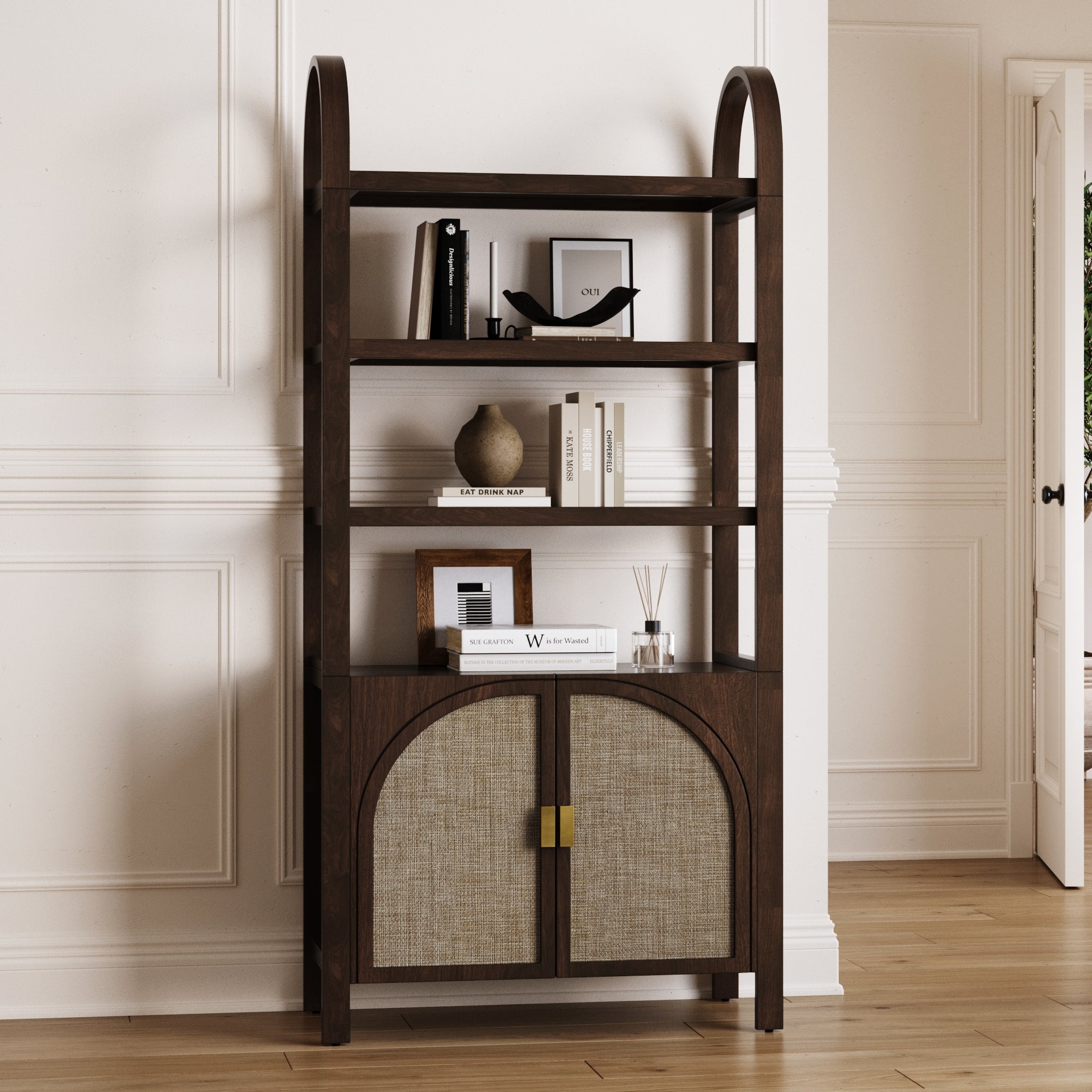 Arched Door Rattan Bookshelf with Doors Dark Acacia - Nathan James