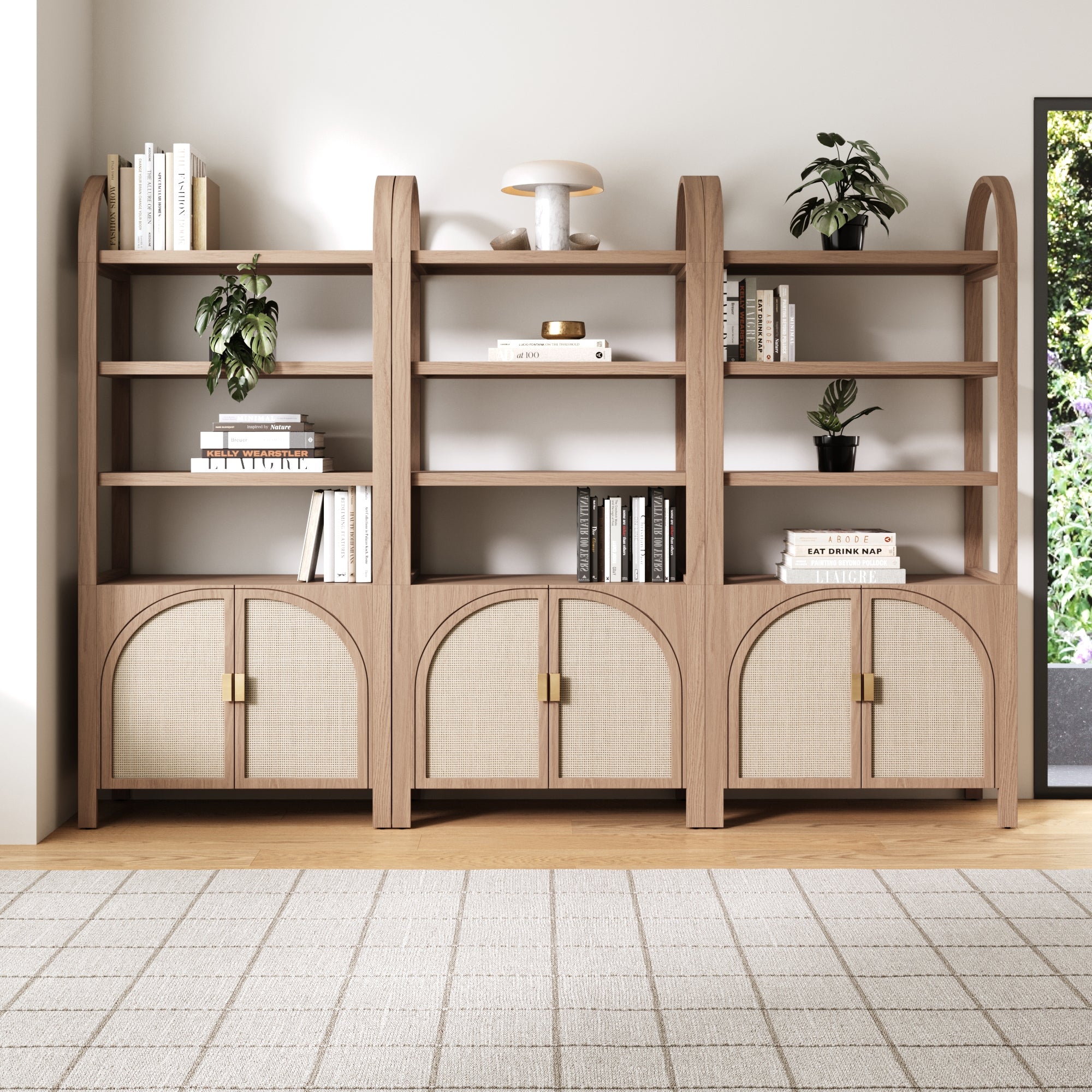 Arched Door Rattan Bookshelf with Doors Raw Oak (Set of 3) - Nathan James