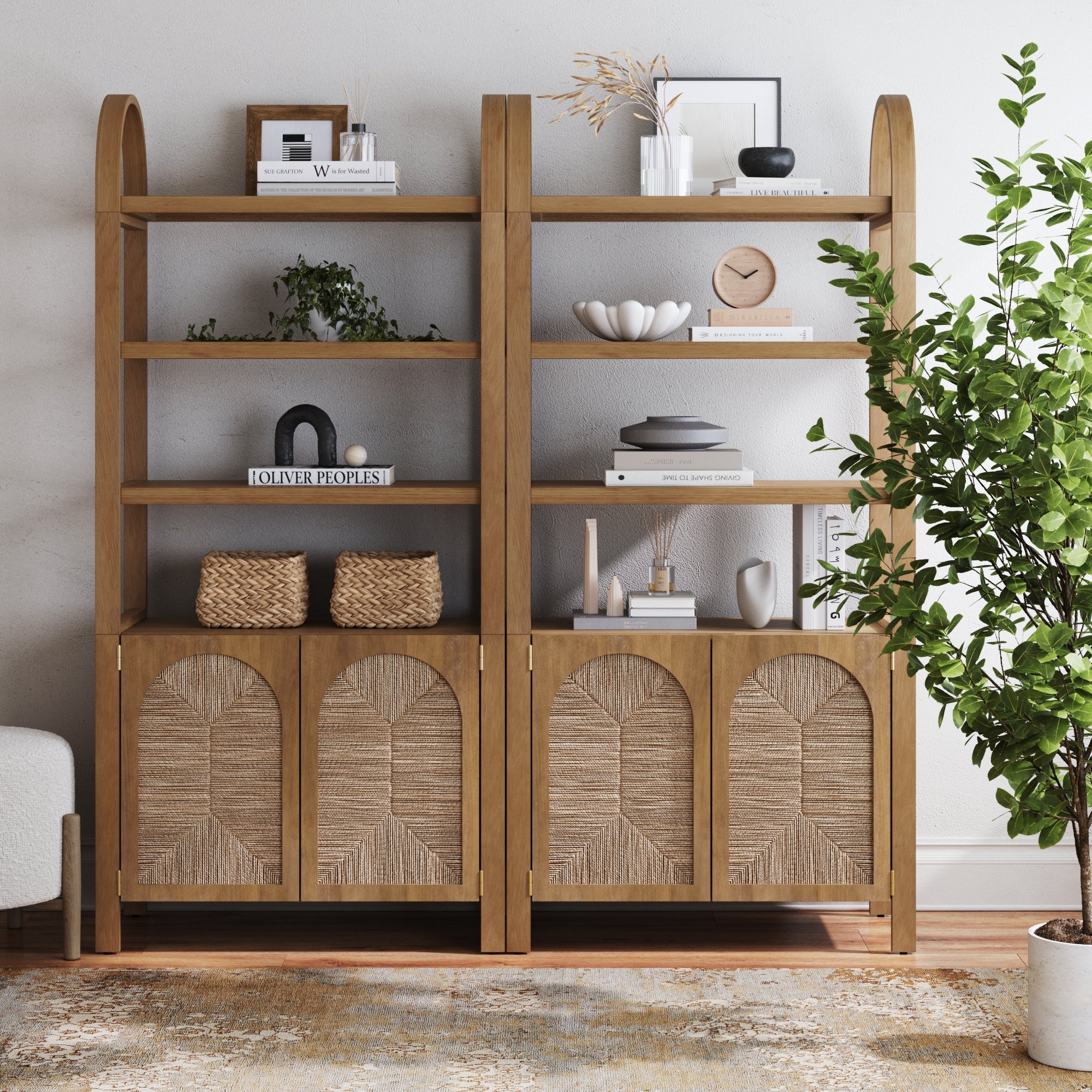 Boho Seagrass Arched Bookshelf Light Brown (Set of 2) - Nathan James