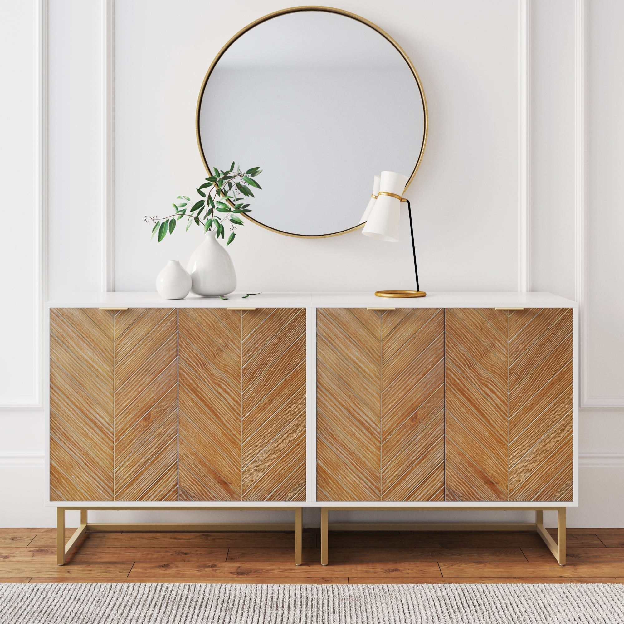 Wood Herringbone Storage Cabinet Credenza White (Set of 2) - Nathan James