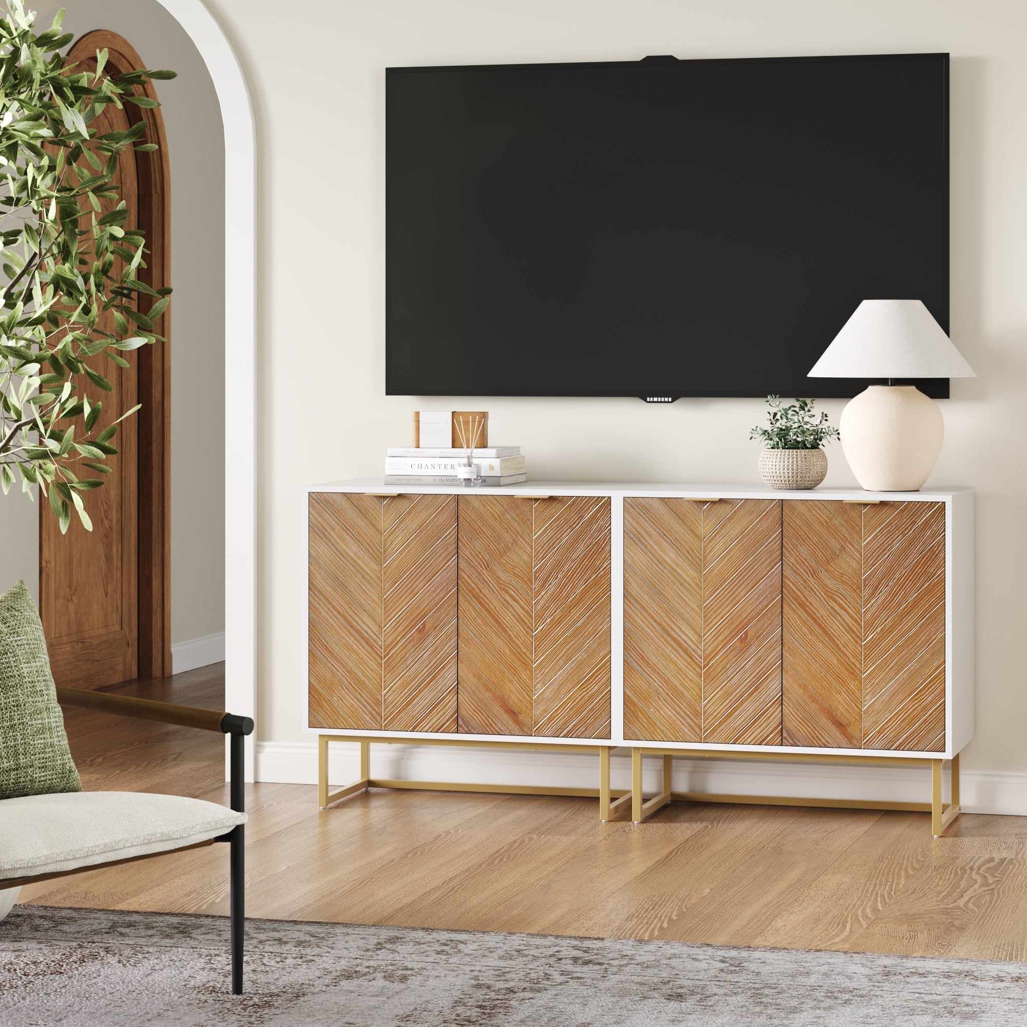 Wood Herringbone TV Console for 55 - 65" TVs Natural Wash/White - Nathan James