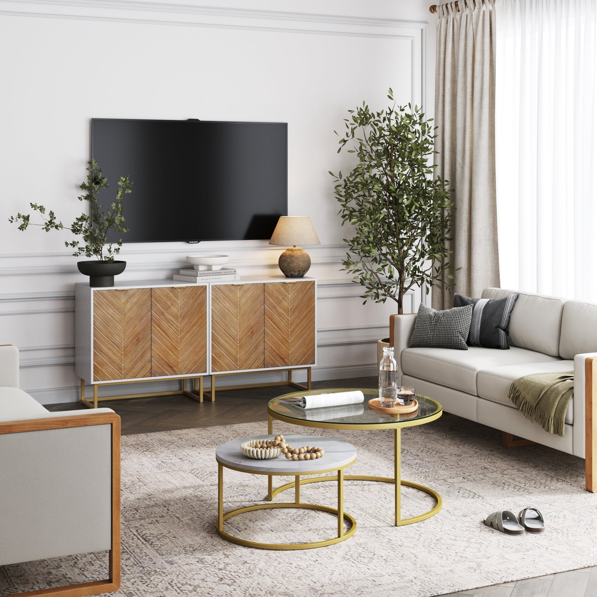 Wood Herringbone TV Console for 55 - 65" TVs Natural Wash/White - Nathan James
