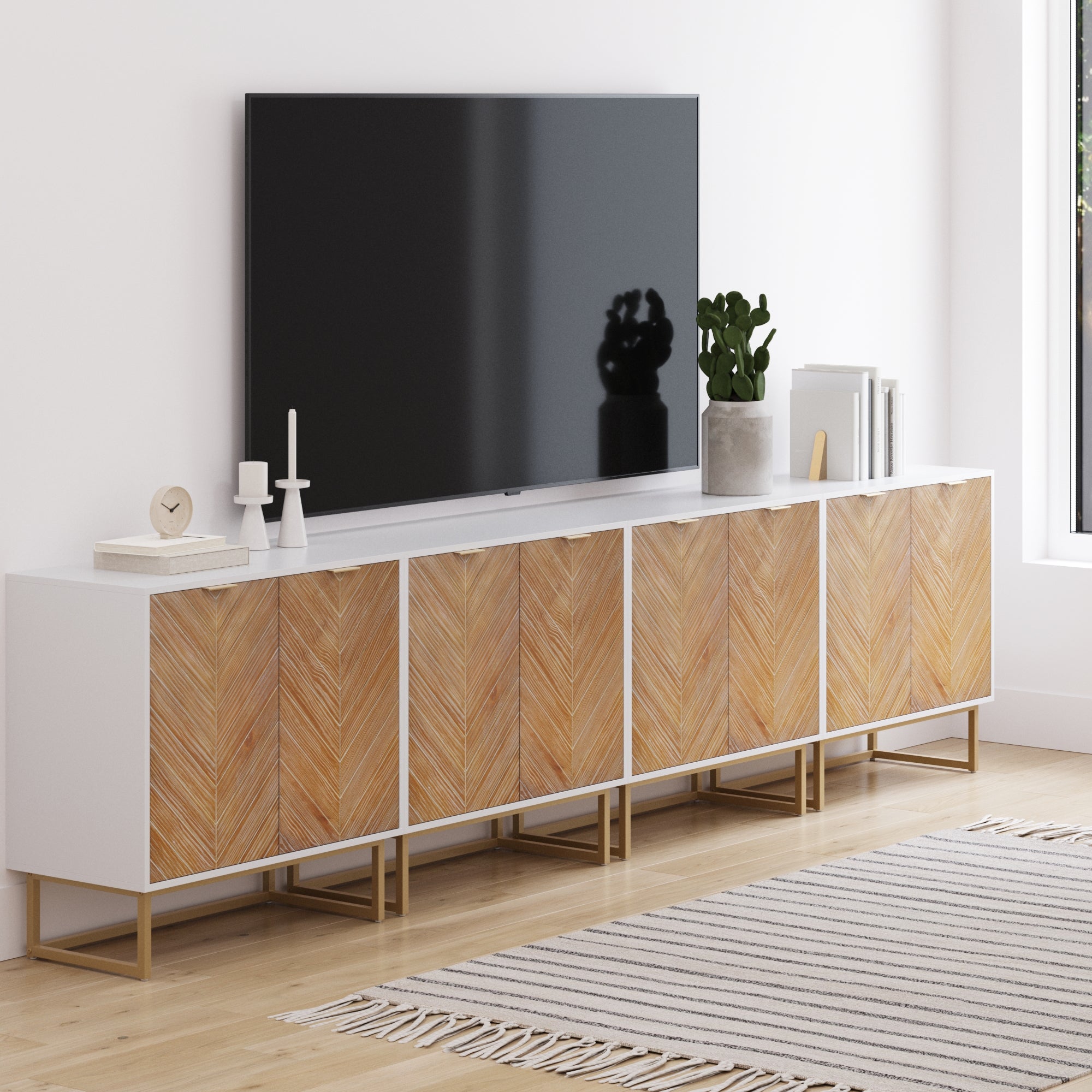 Wood Herringbone TV Console for 85" TVs Natural Wash/White - Nathan James