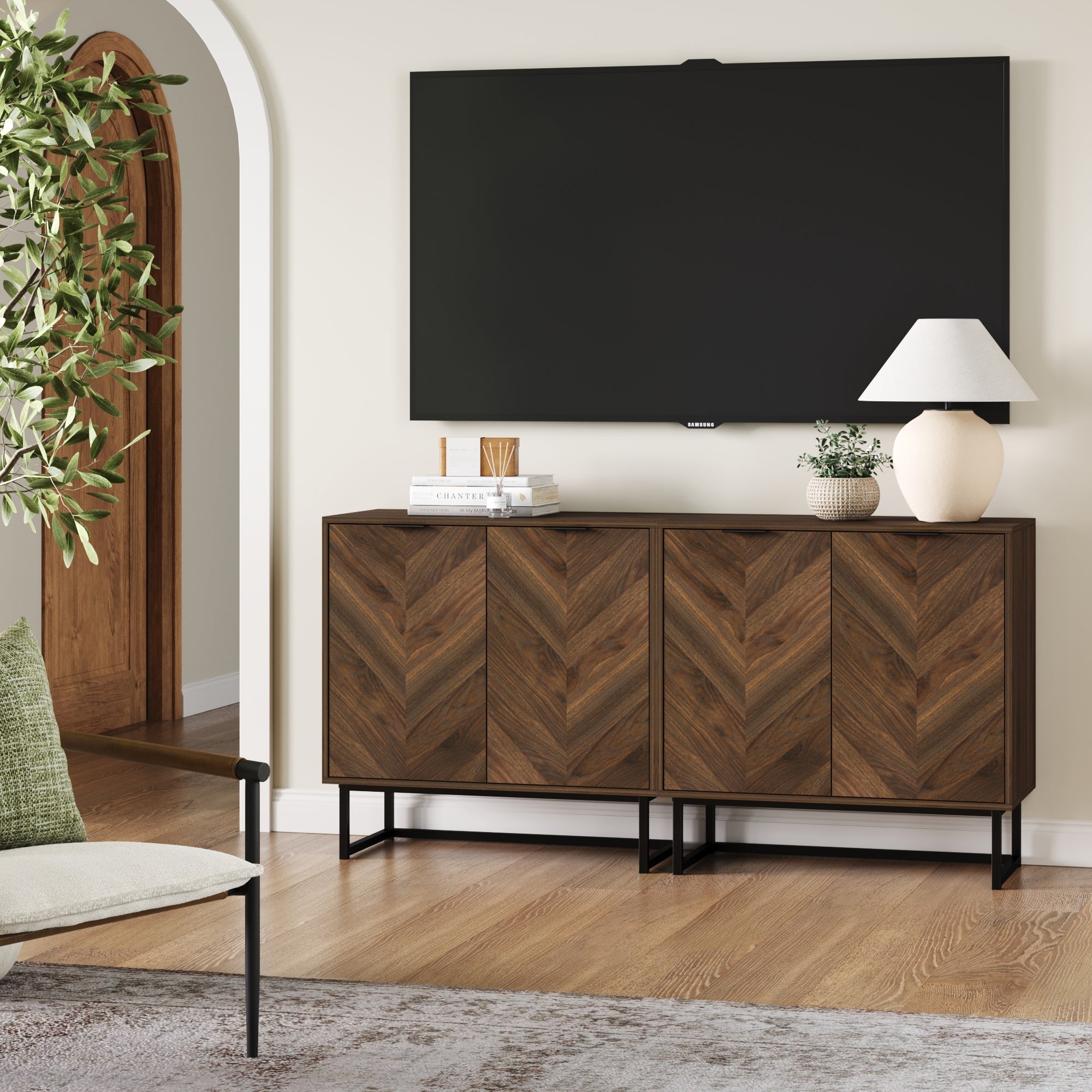 Wood Herringbone TV Console for 55 - 65" TVs Walnut - Nathan James