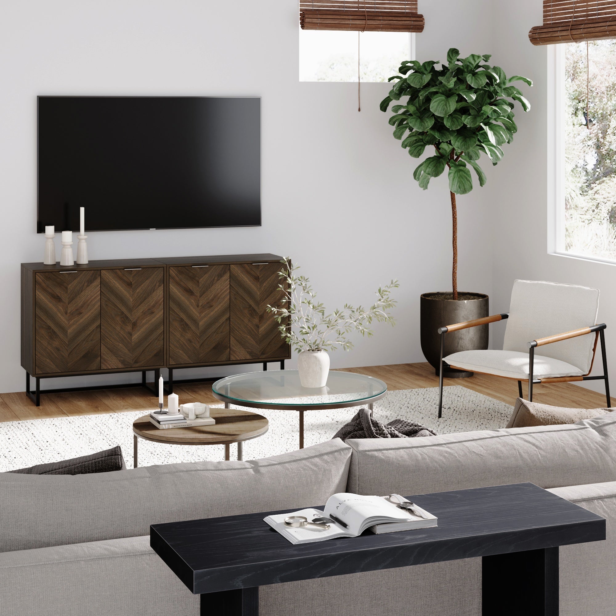 Wood Herringbone TV Console for 55 - 65" TVs Walnut - Nathan James