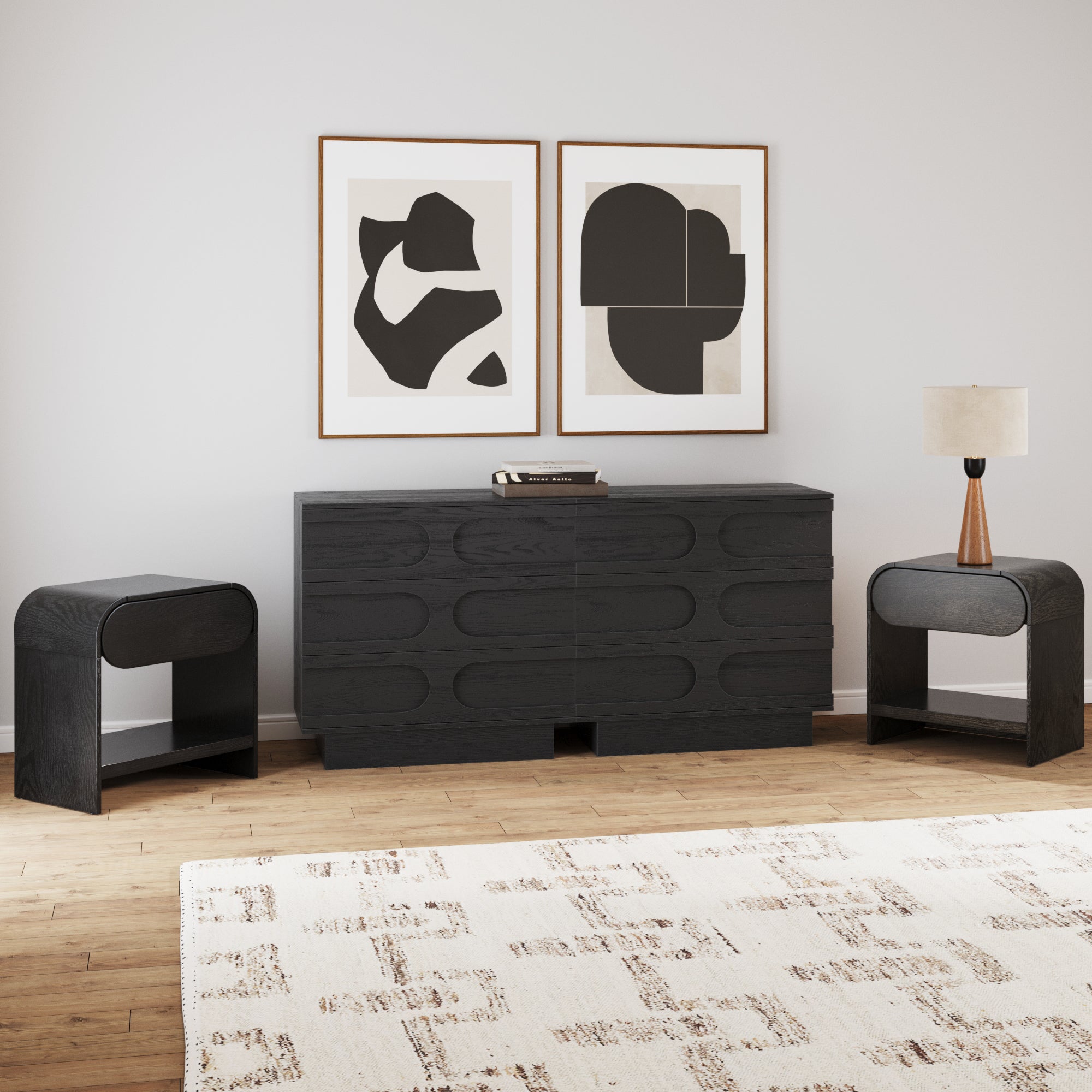 Mid-Century Two Arched Dressers and Nightstands Set Black Oak - Nathan James