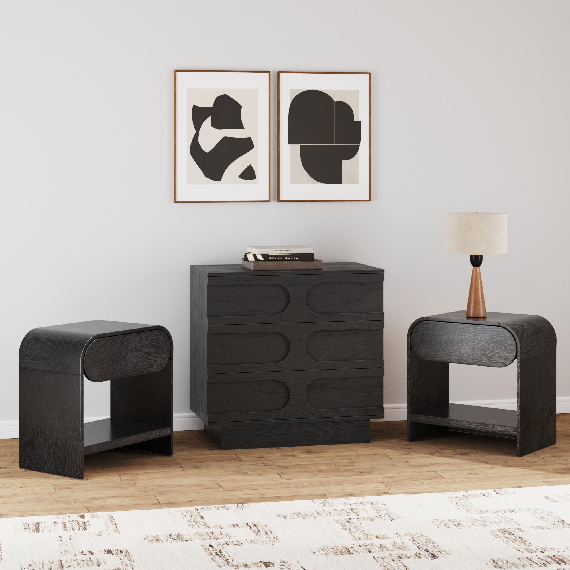Mid-Century Arched Dresser and Two Nightstands Set Black Oak - Nathan James