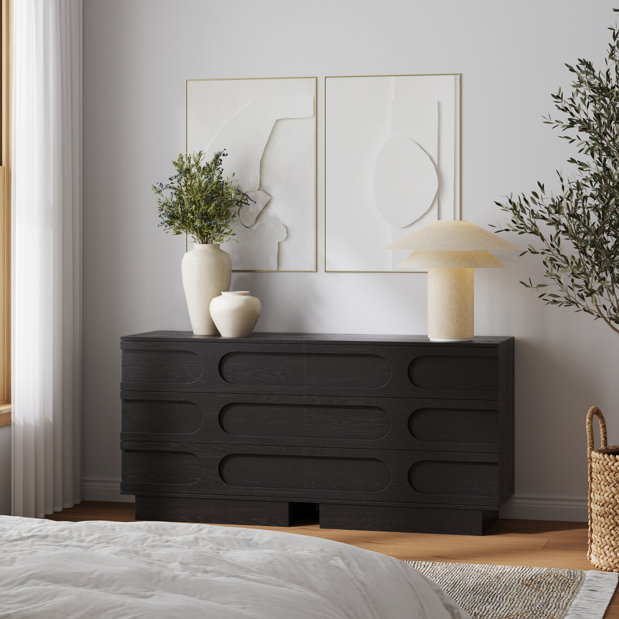Mid - Century 3 - Drawer Arched Dresser Black Oak - Nathan James