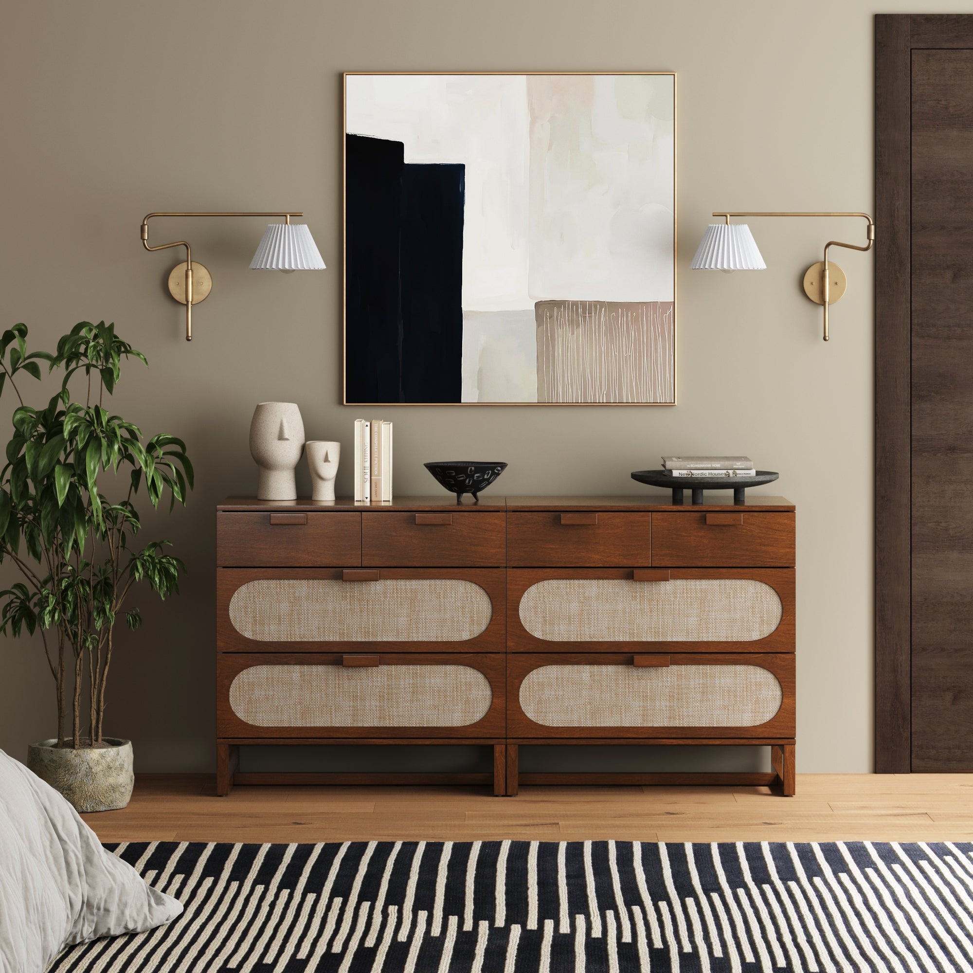 Mid - Century Rattan 3 - Drawer Dressers Dark Acacia (Set of 2) - Nathan James