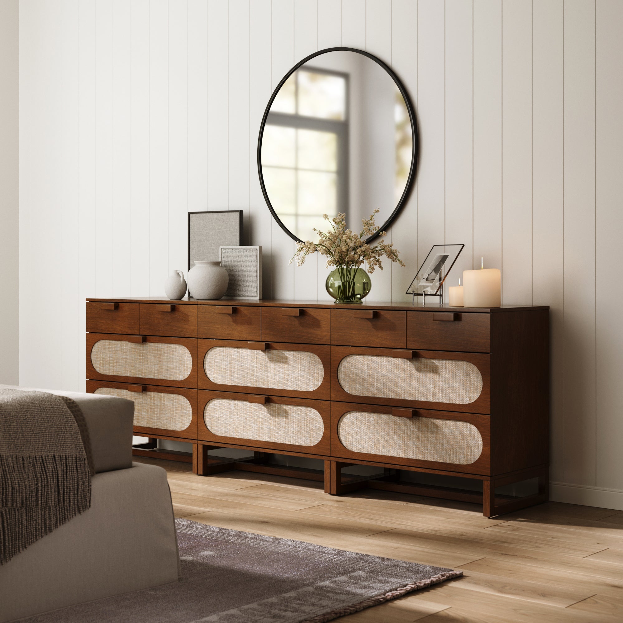 Mid - Century Rattan 3 - Drawer Dressers Dark Acacia (Set of 3) - Nathan James