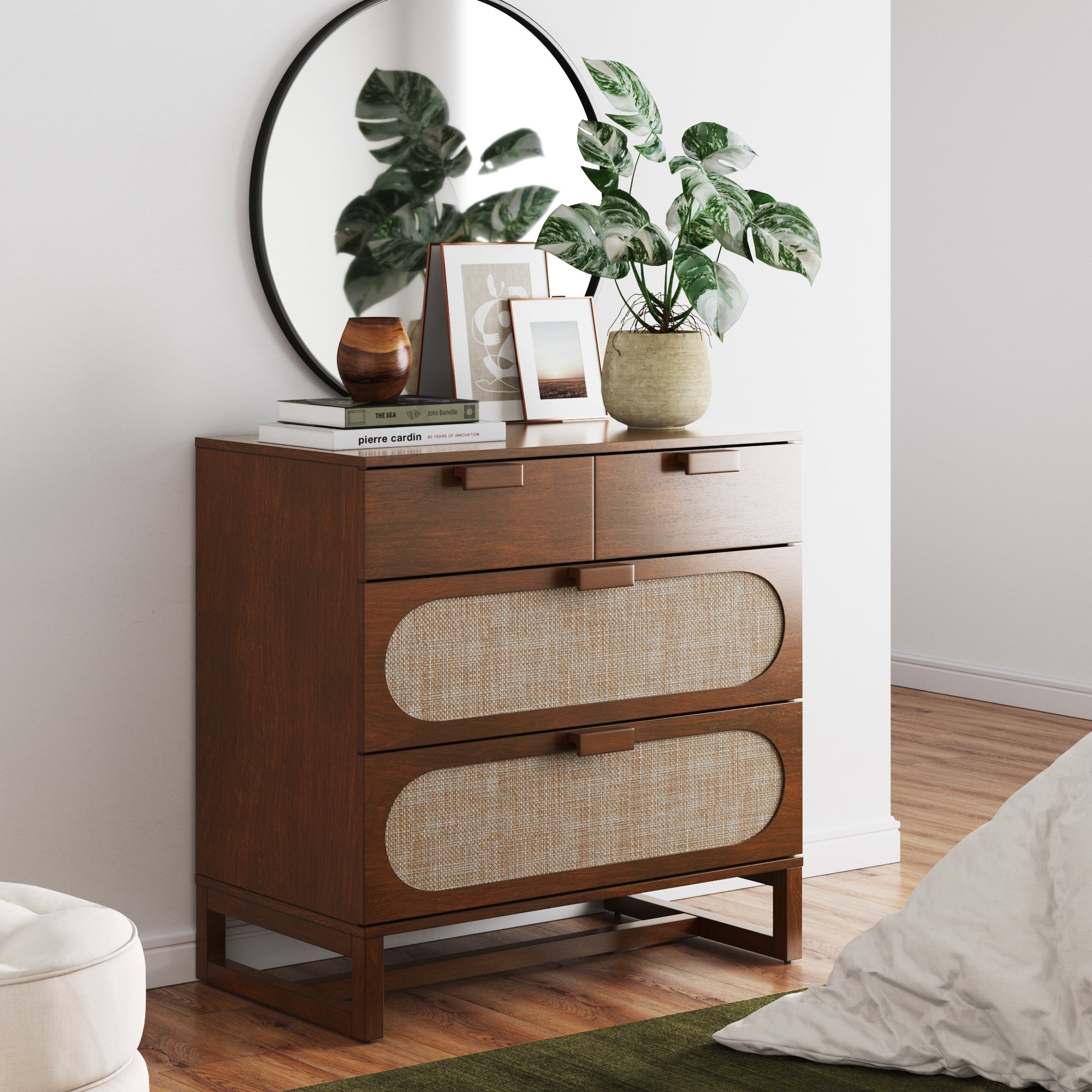 Mid - Century Rattan 3 - Drawer Dresser Dark Acacia - Nathan James