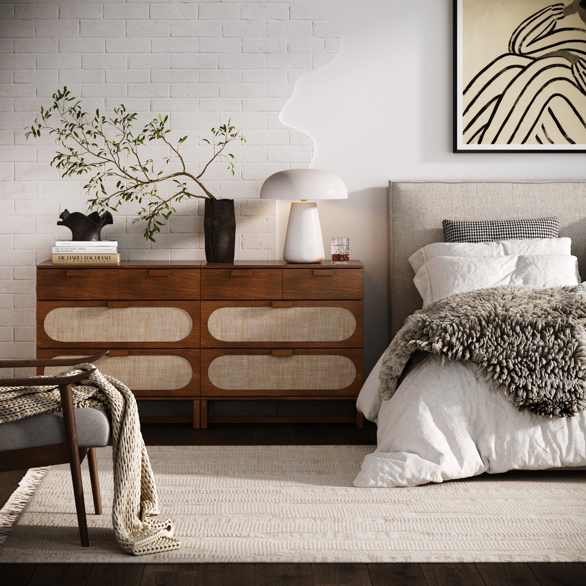 Mid - Century Rattan 3 - Drawer Dresser Dark Acacia - Nathan James