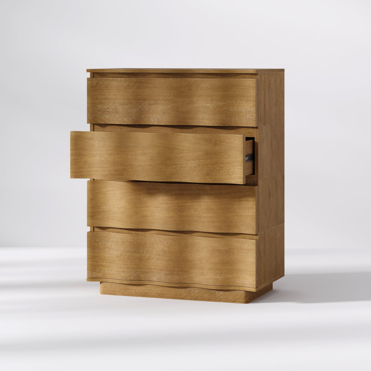 A four-drawer wooden dresser with a wavy, rippled drawer front design and one drawer pulled open.