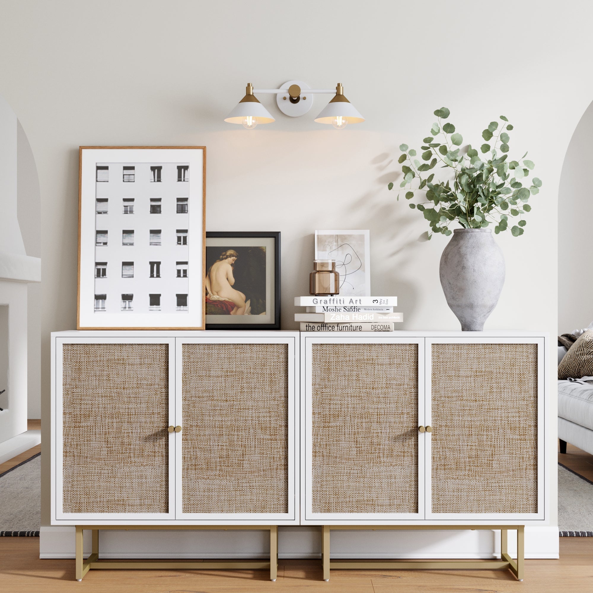 Rattan Storage Cabinet Credenza White (Set of 2) - Nathan James