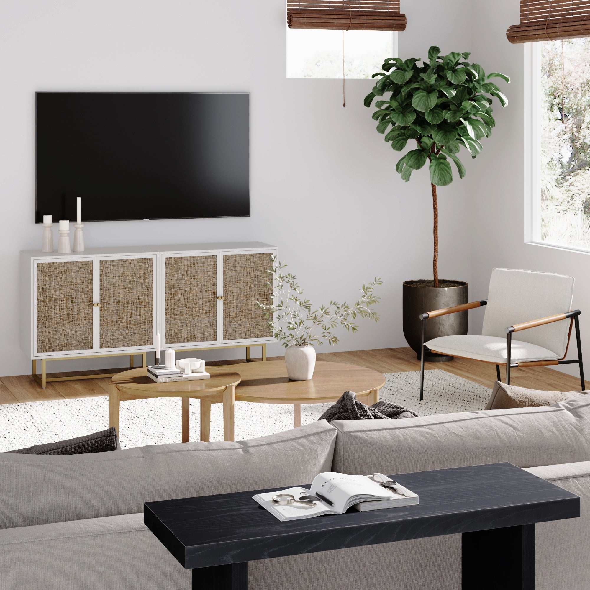 Metal and Rattan TV Stand Console for TVs 55 - 65" White - Nathan James