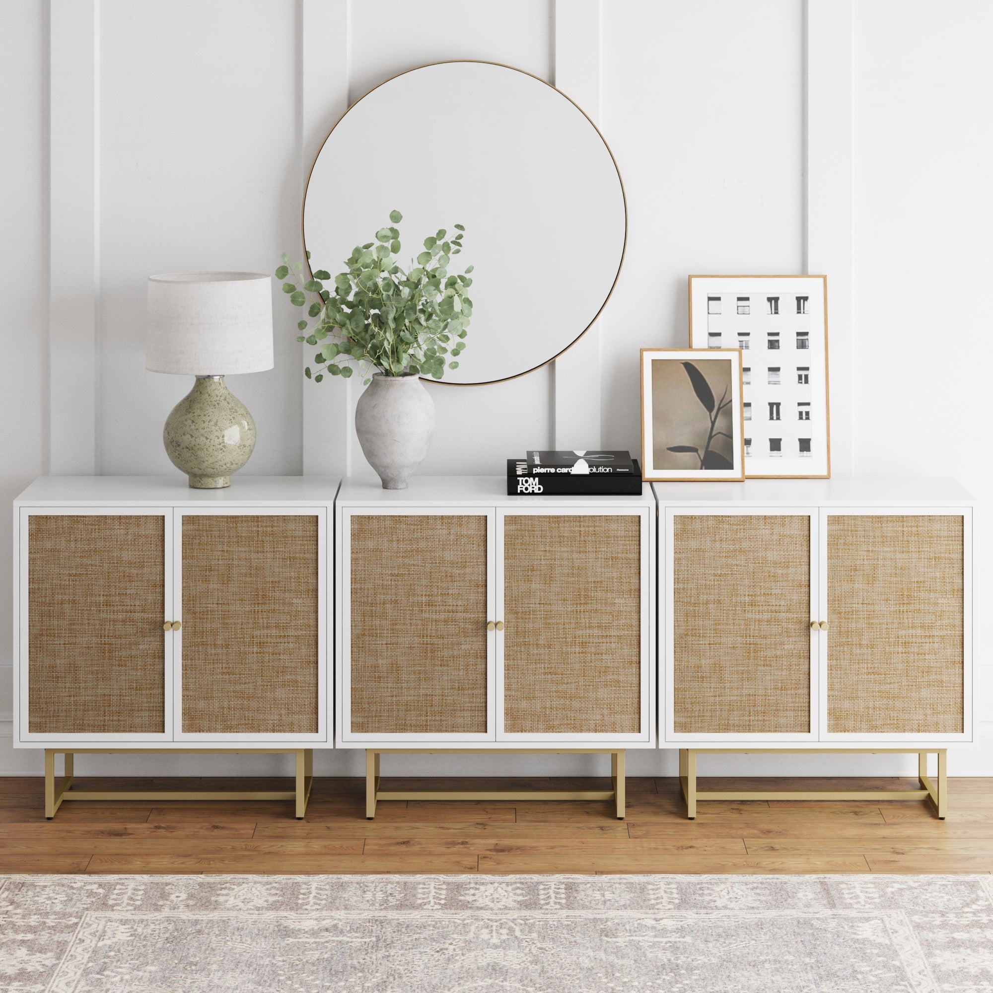 Rattan Storage Cabinet Credenza White (Set of 3) - Nathan James