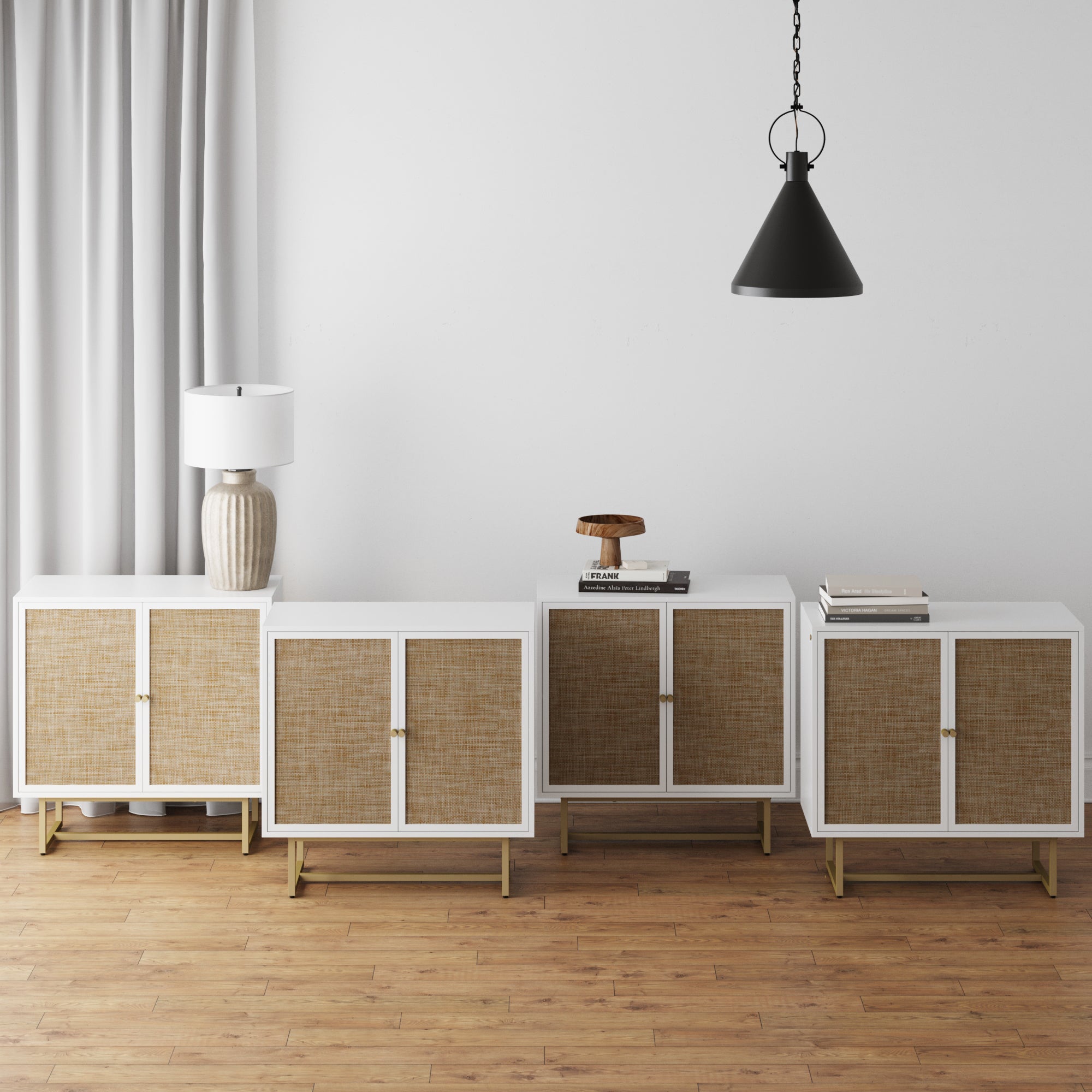 Large Rattan Credenza Console Table White (Set of 4) - Nathan James