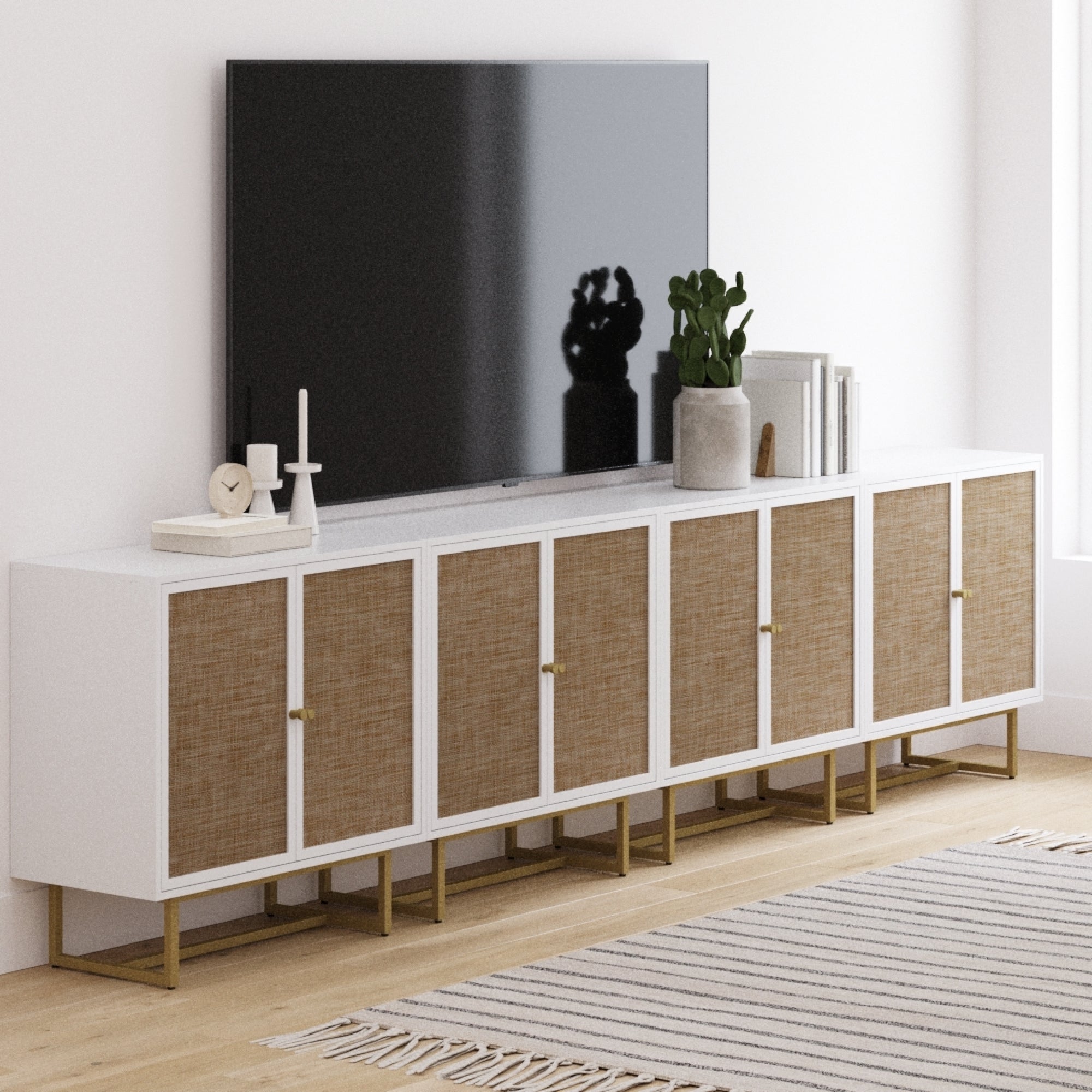 Metal and Rattan TV Stand Console for TVs 85" White - Nathan James