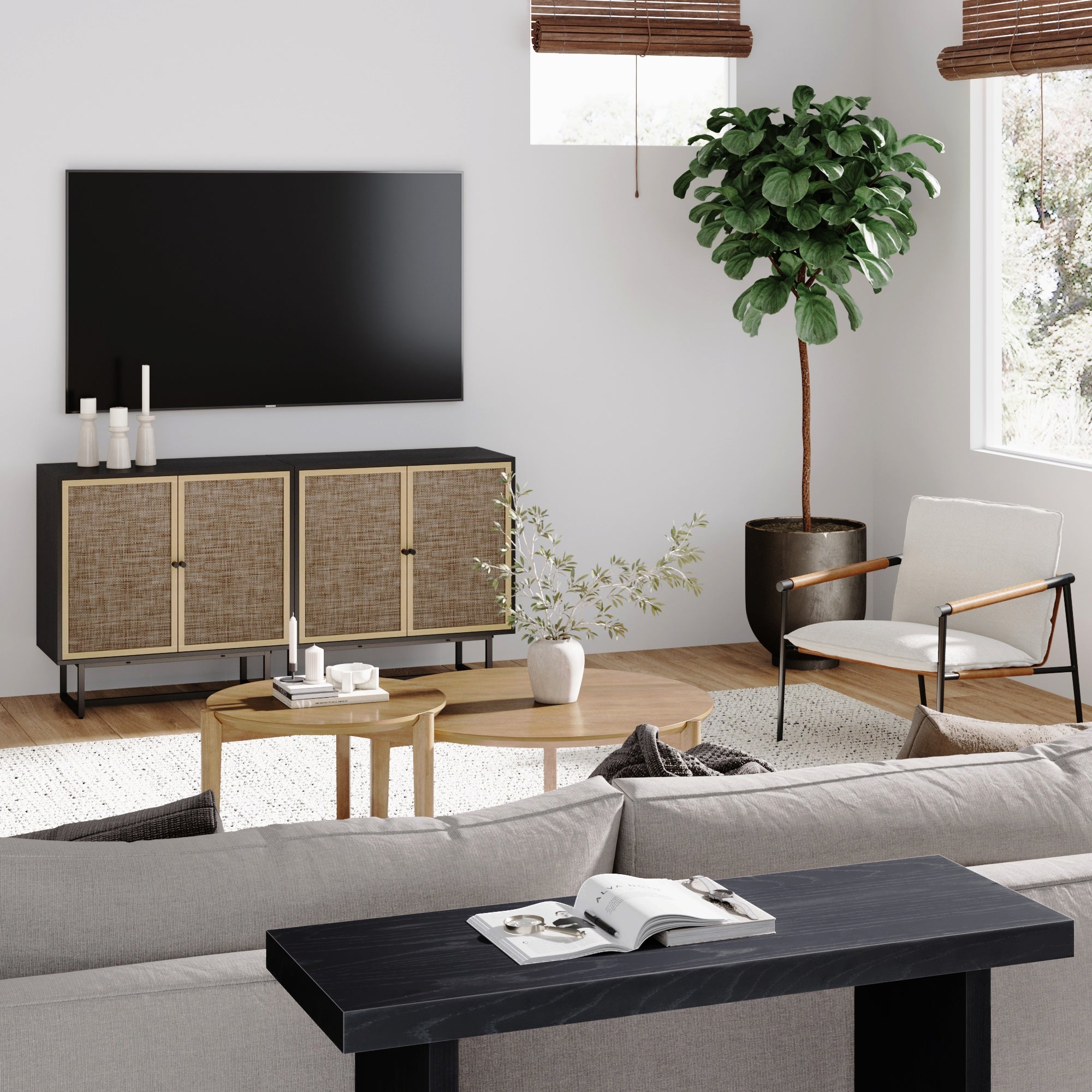 Metal and Rattan TV Stand Console for TVs 55 - 65" Black Oak - Nathan James