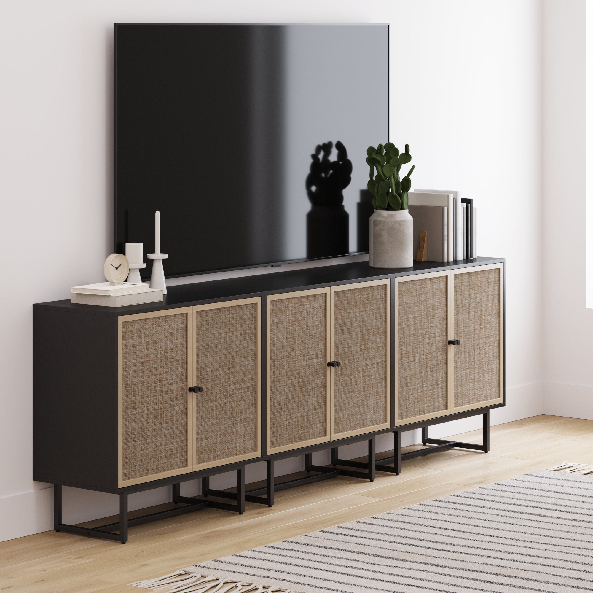 Metal and Rattan TV Stand Console for TVs 75 - 85" Black Oak - Nathan James